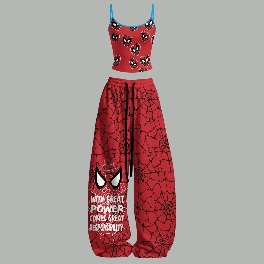 Spider-Man Cami Crop Top and Wide Leg Trousers Two-Piece Set, Red Heart Mask and Web Print, With Great Power Quote, Marvel Lounge Outfit