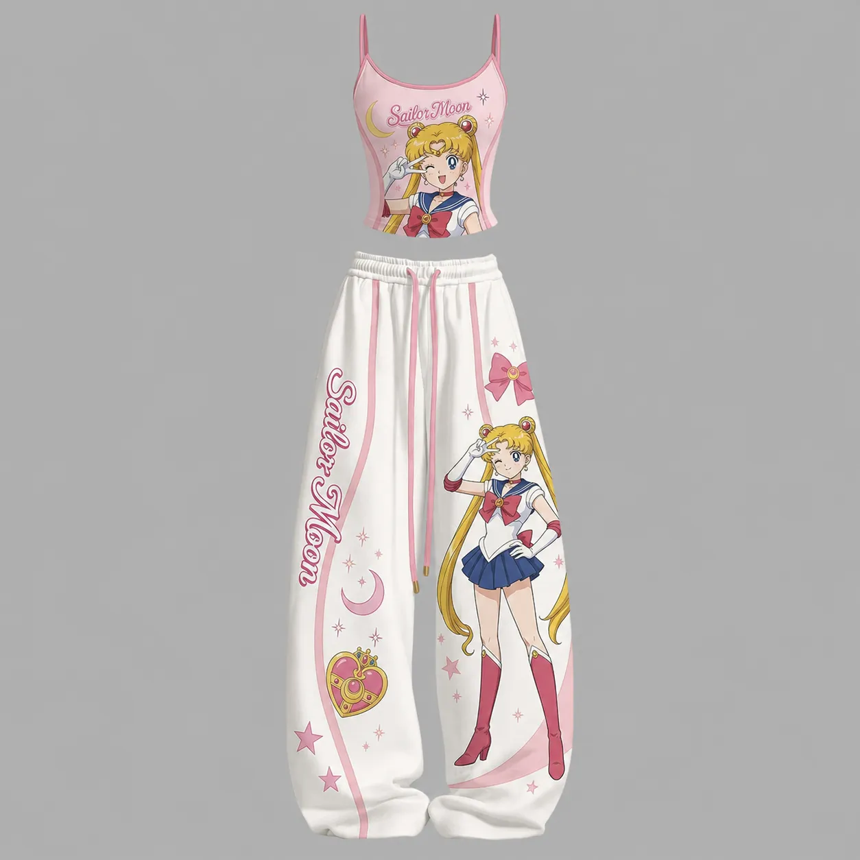 Sailor Moon Usagi Tsukino Wink Cami Crop Top and Elasticated Wide Leg Trousers Two-Piece Set, Women's Pink and White Magical Girl Lounge Outfit