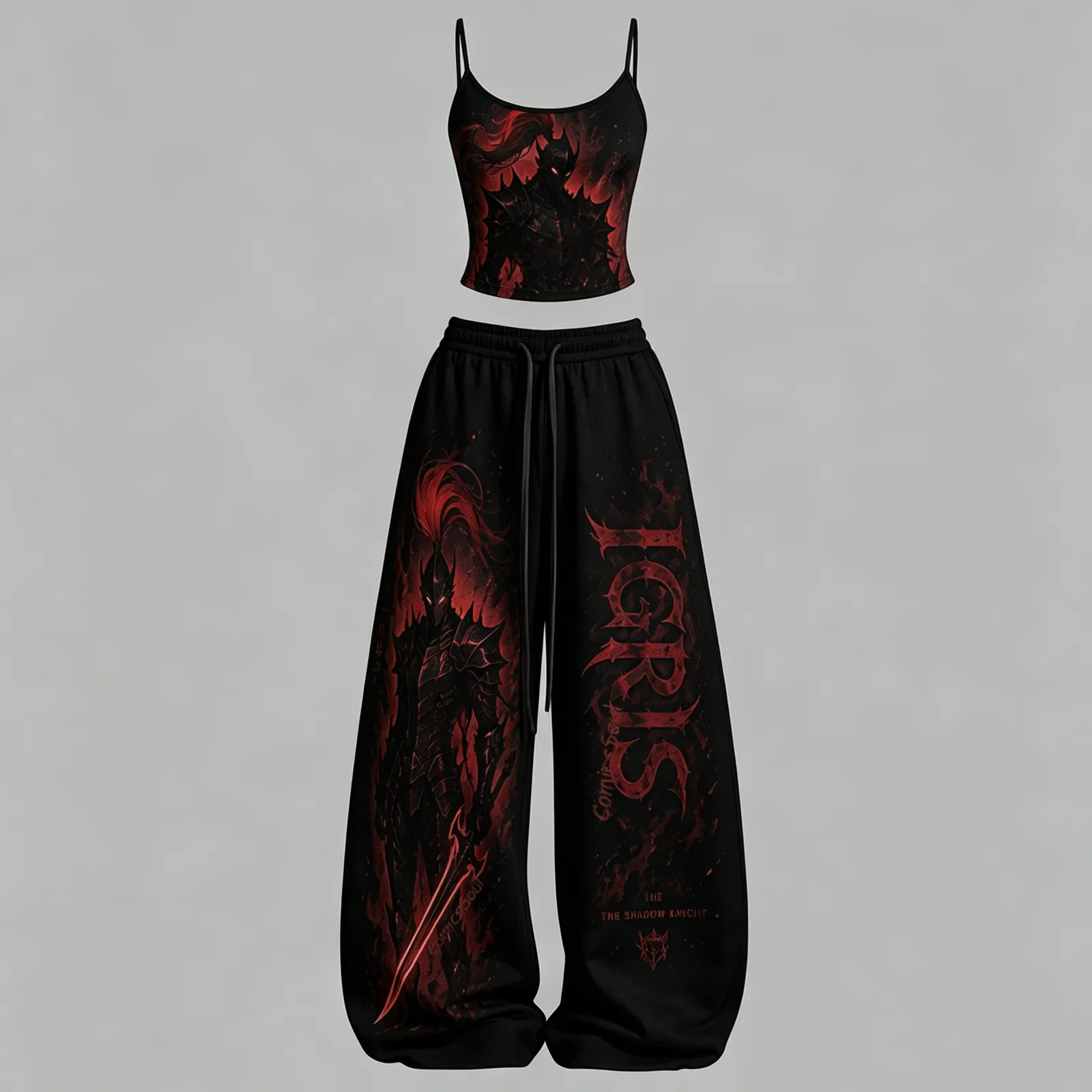 Solo Leveling Igris Shadow Knight Cami Crop Top and Wide Leg Trousers Two-Piece Set, Women's Black Red Anime Lounge Outfit, Sung Jinwoo Fan Gift
