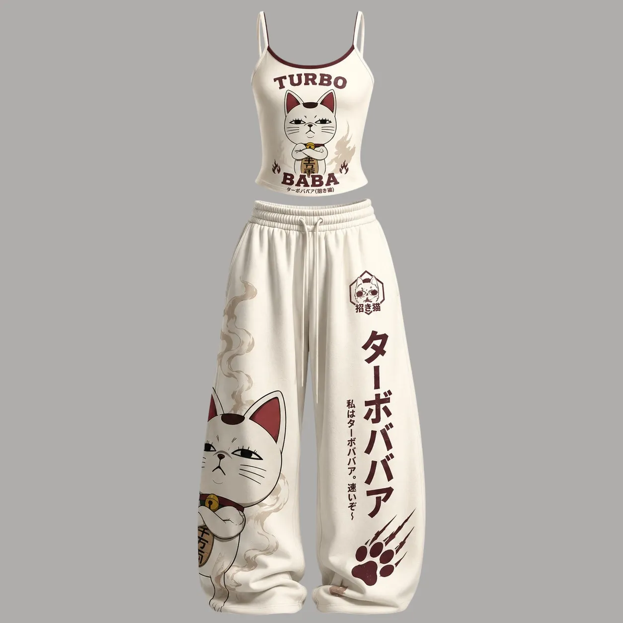 Dandadan Turbo Granny Lucky Cat Cami Crop Top and Cream Wide Leg Trousers Set, Turbo Baba Maneki Neko Women's Two-Piece Lounge Outfit