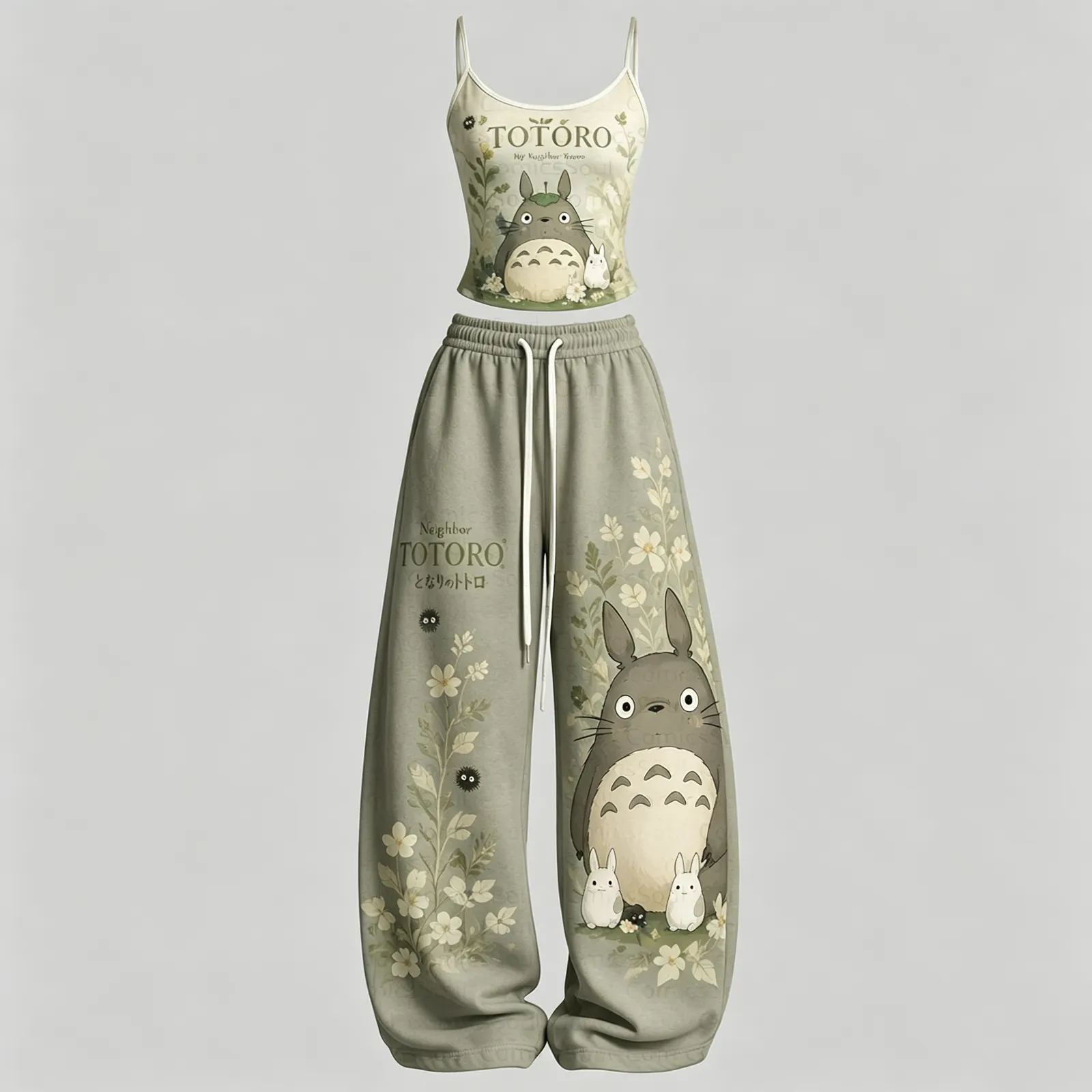 My Neighbor Totoro Cami Top and Elasticated Trousers Two-Piece Set, Women's Sage Green Wildflower Studio Ghibli Lounge Outfit, Matching Set