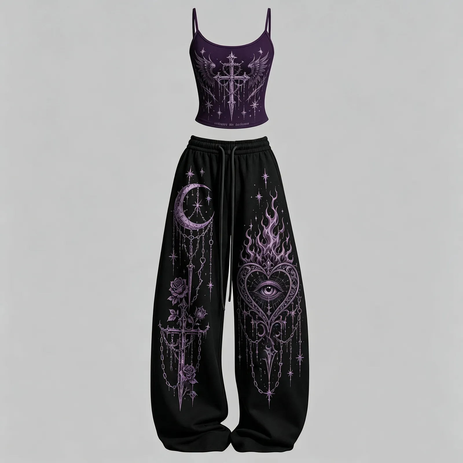 Gothic Heart Winged Cross Cami Crop Top and Wide Leg Trousers Two-Piece Set, Women's Purple and Black Goth Lounge Outfit, Flaming Heart Eye