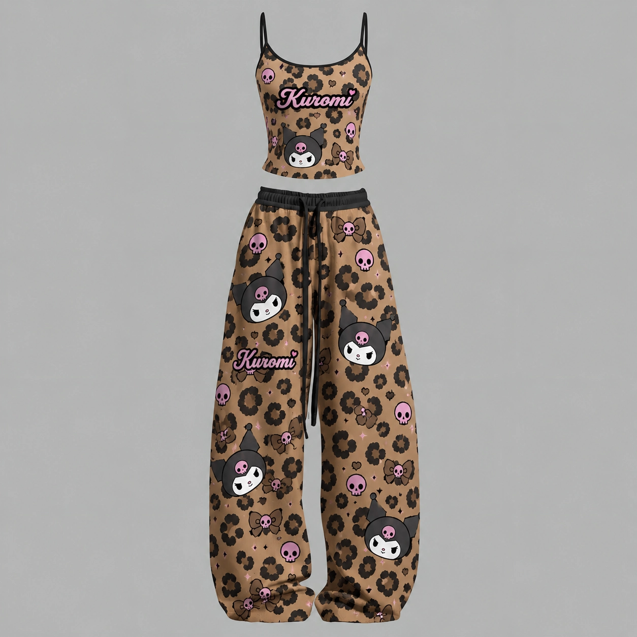 Kuromi Leopard Print Cami Crop Top and Wide Leg Trousers Two-Piece Set, Women's Sanrio Pink Skull Kawaii Matching Lounge Outfit