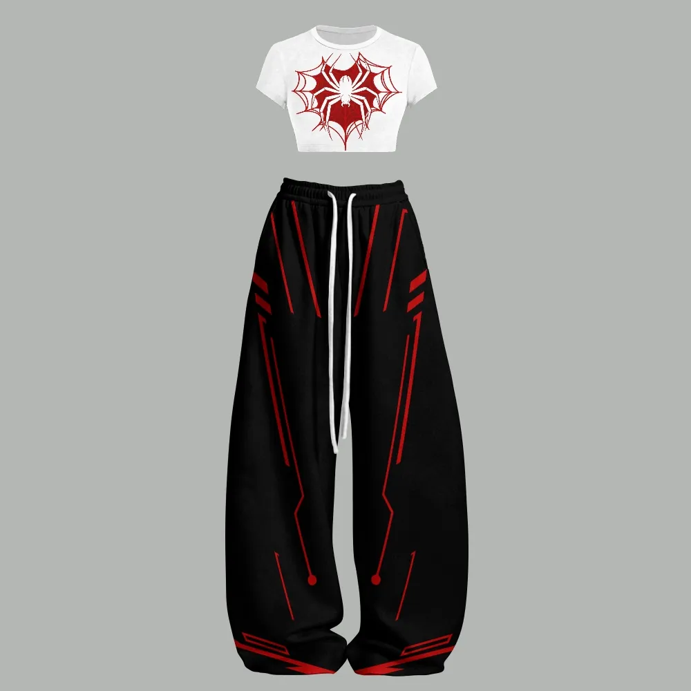 Spider-Man Women Crop T-Shirt and Wide Leg Trousers Two-Piece Set, Red Web Heart Print, Black and Red Marvel Superhero Lounge Outfit