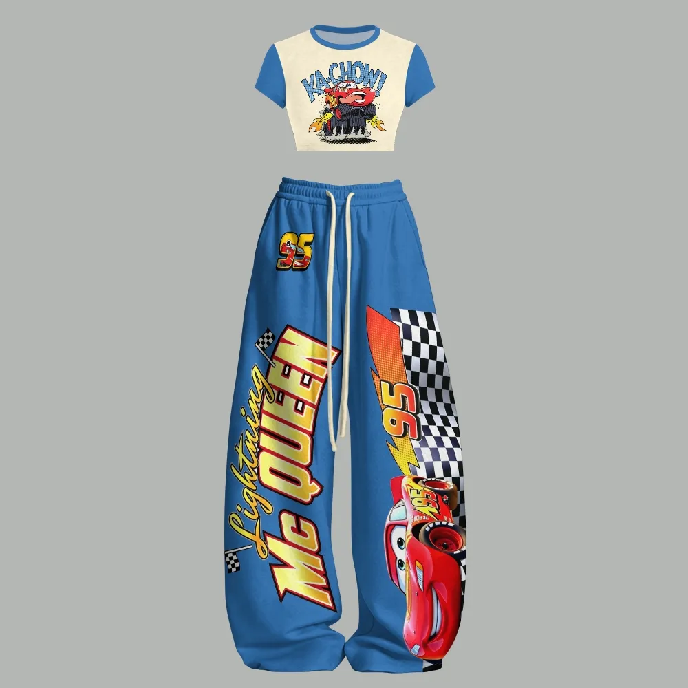Lightning McQueen Women Crop Tee and Wide Leg Trousers Two-Piece Set, Cars Ka-Chow 95 Checkered Flag Blue Lounge Outfit, Disney Pixar Gift
