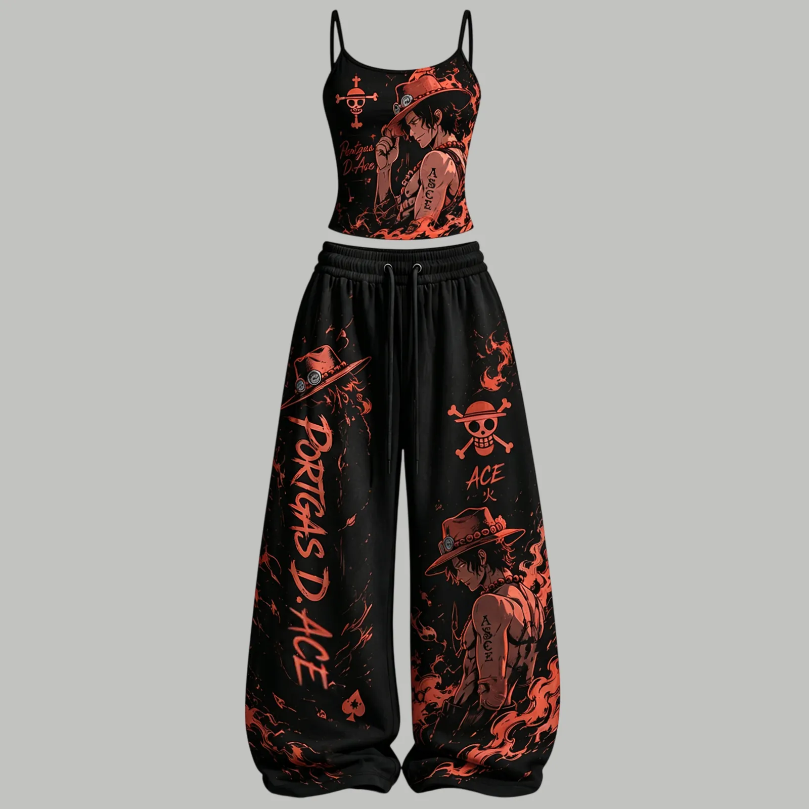 One Piece Portgas D. Ace Fire Fist Cami Crop Top and Wide Leg Trousers Two-Piece Set, Black Orange Flame Anime Lounge Outfit, Women's Co-ord