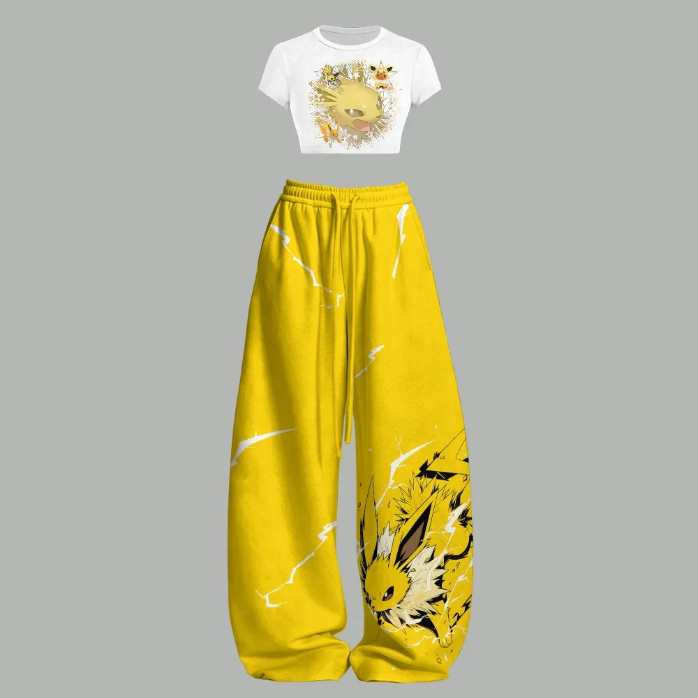 Pokémon Jolteon Women Crop Tee and Elasticated Wide Leg Trousers Two-Piece Set, White and Electric Yellow Lightning Eeveelution Lounge Outfit