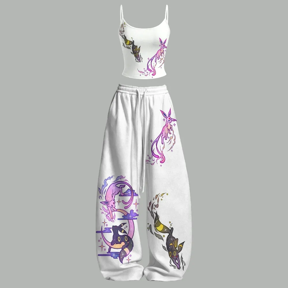 Pokémon Umbreon and Espeon Cami Crop Top and Elasticated Wide Leg Trousers Two-Piece Set, Women's White Sun and Moon Eeveelution Lounge Outfit