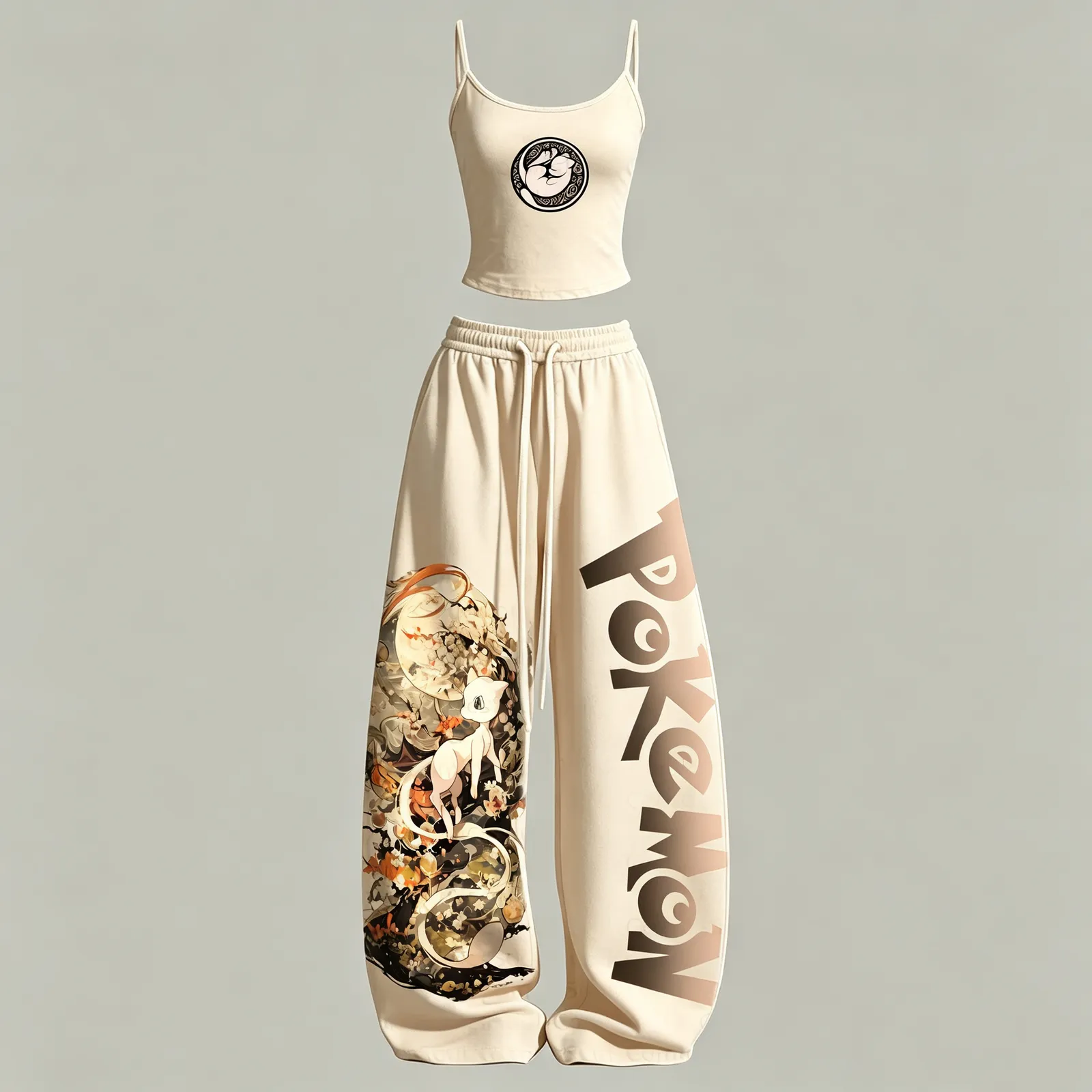 Pokémon Mew Cami Crop Top and Elasticated Wide Leg Trousers Two-Piece Set, Women's Cream and Mocha Japanese Ink Art Mythical Anime Lounge Outfit