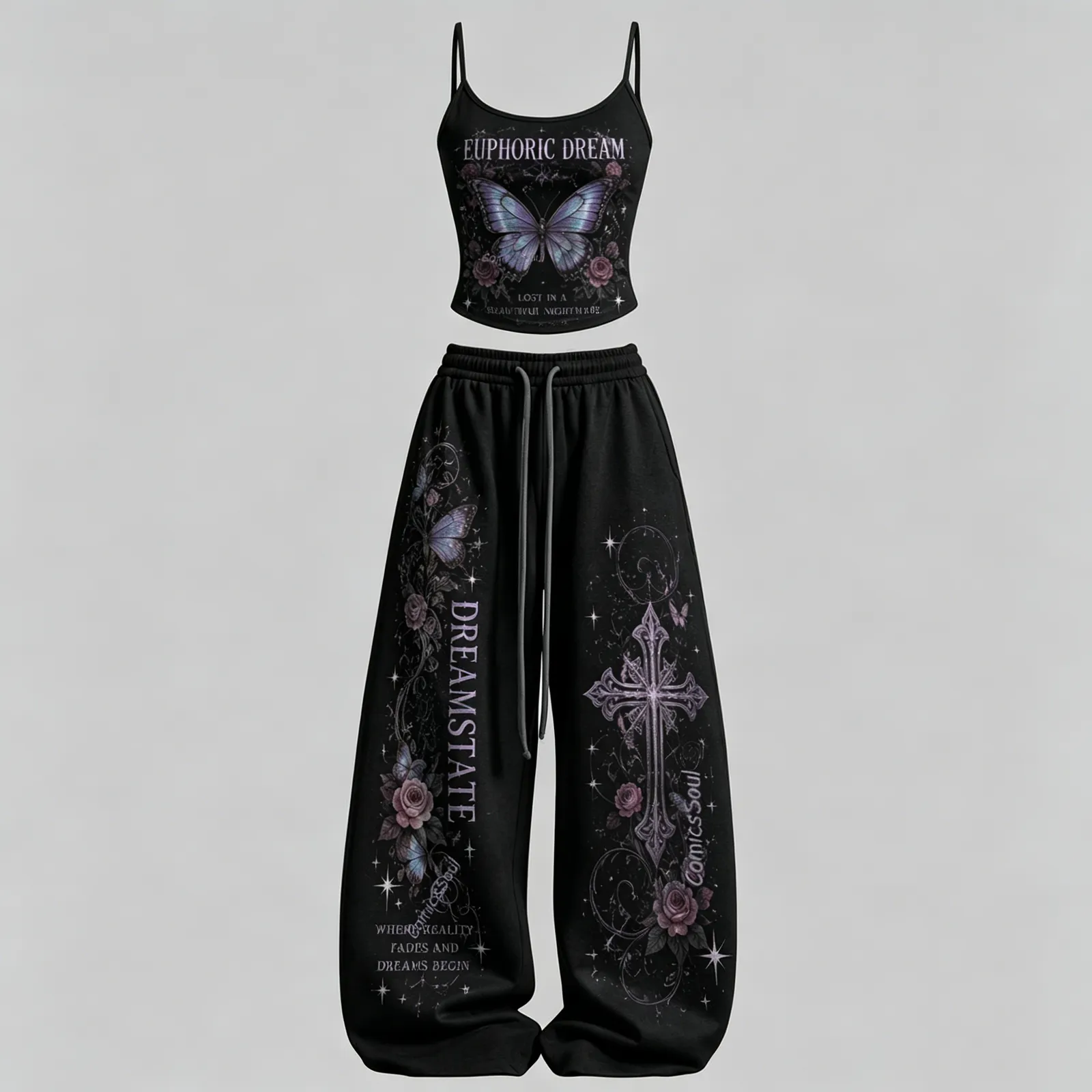 Women's Psychedelic Butterfly Euphoric Dream Cami Crop Top and Wide Leg Trousers Two-Piece Set, Black Goth Lounge Outfit, Dreamstate Rose Cross