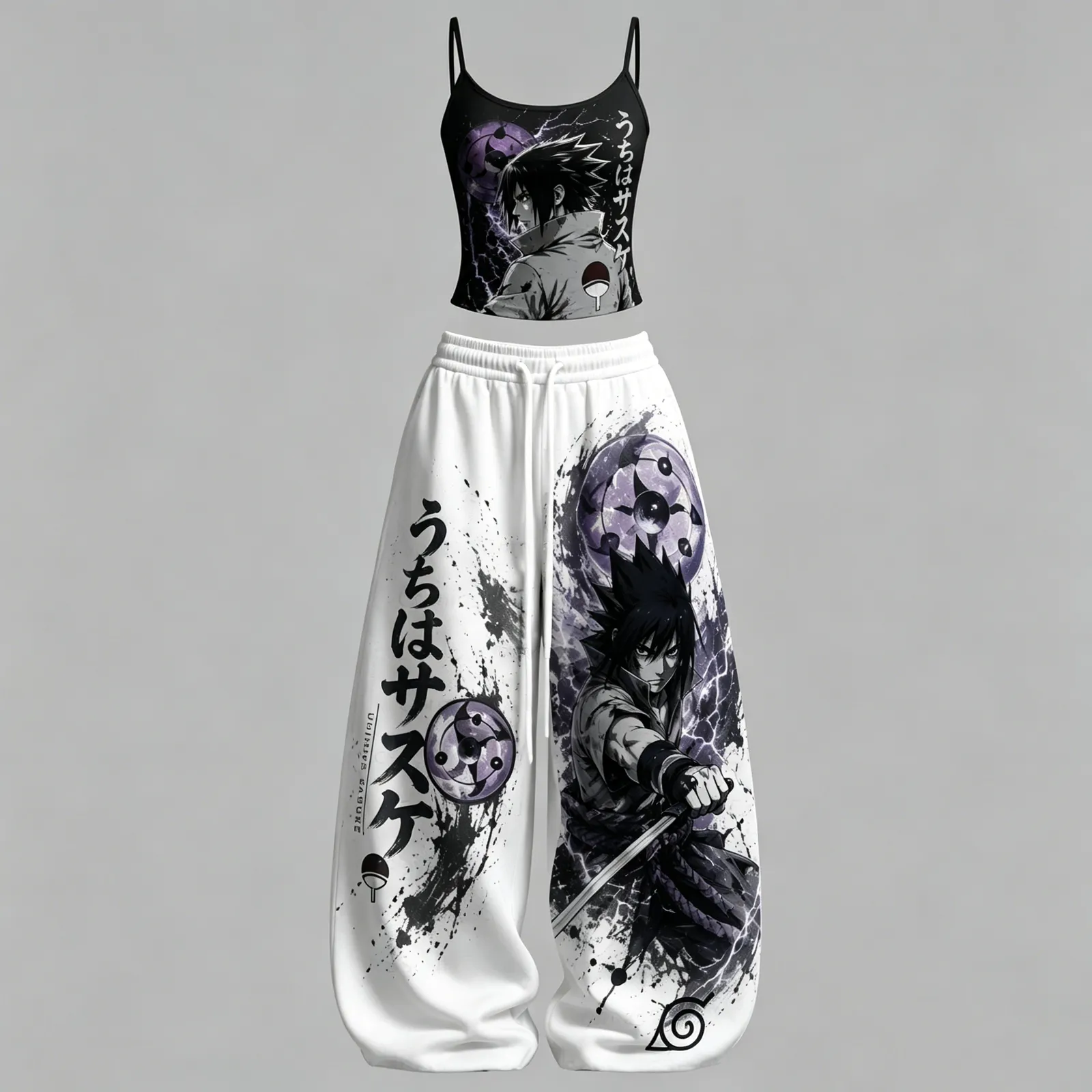 Naruto Sasuke Uchiha Sharingan Cami Crop Top and Wide Leg Trousers Two-Piece Set, Black White Ink Splash Anime Lounge Outfit, Women's Co-ord