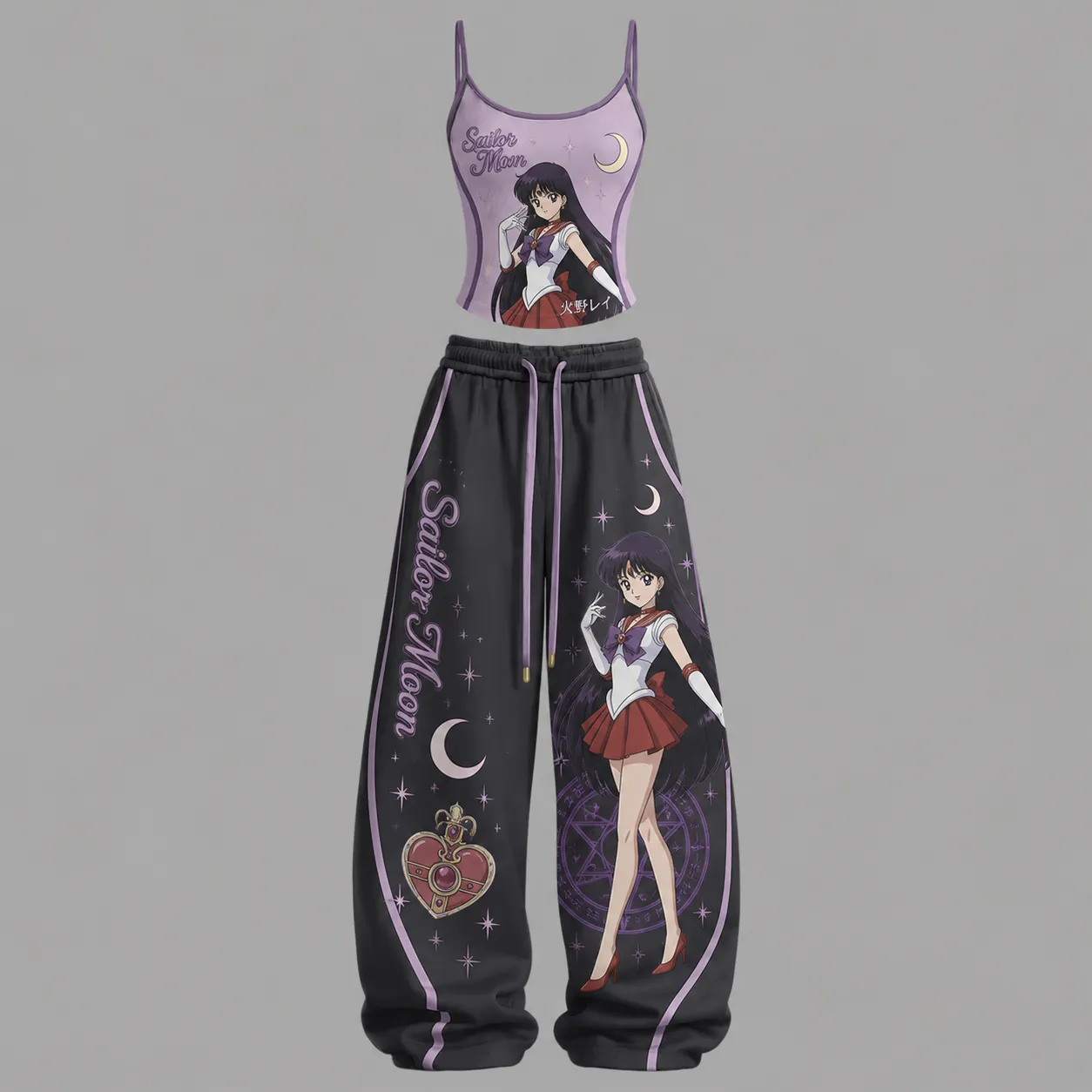 Sailor Moon Sailor Mars Rei Hino Cami Crop Top and Elasticated Wide Leg Trousers Two-Piece Set, Women's Lavender and Charcoal Anime Outfit