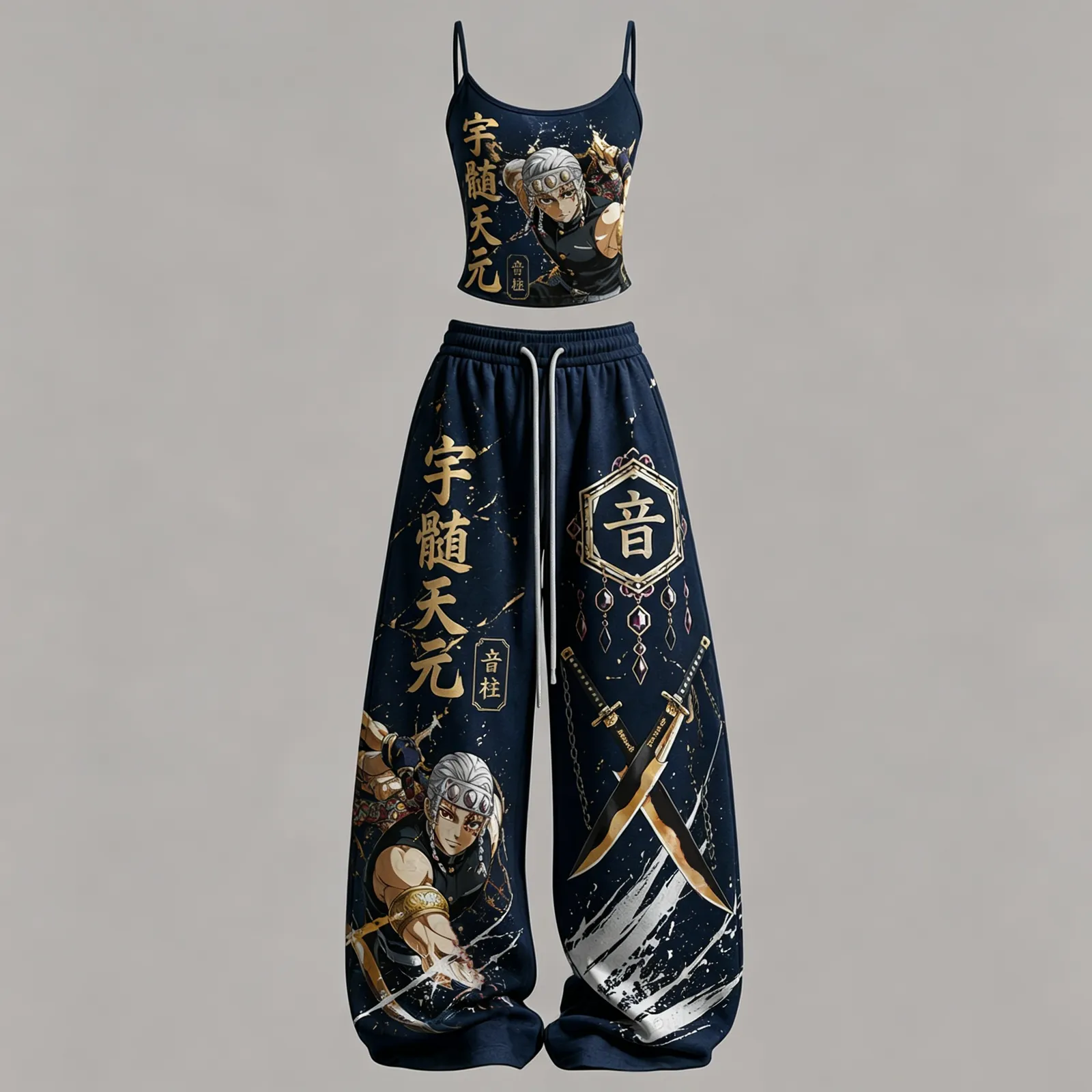 Demon Slayer Tengen Uzui Sound Hashira Cami Crop Top and Wide Leg Trousers Two-Piece Set, Women's Navy Gold Anime Lounge Outfit, Kimetsu Gift