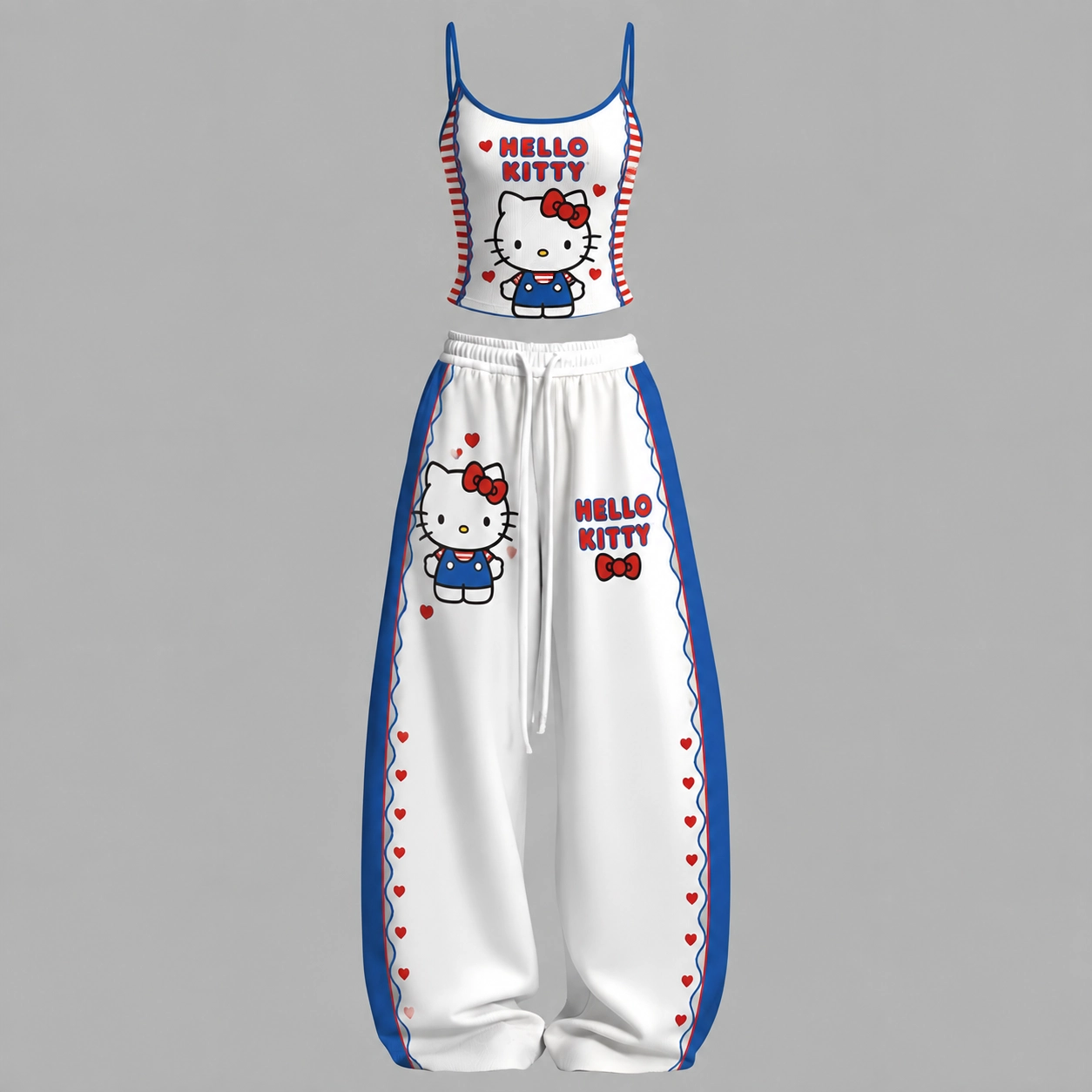 Hello Kitty Cami Crop Top and White Wide Leg Trousers Set, Women's Two-Piece Lounge Outfit, Classic Red Bow Blue Overalls Sanrio Matching Set