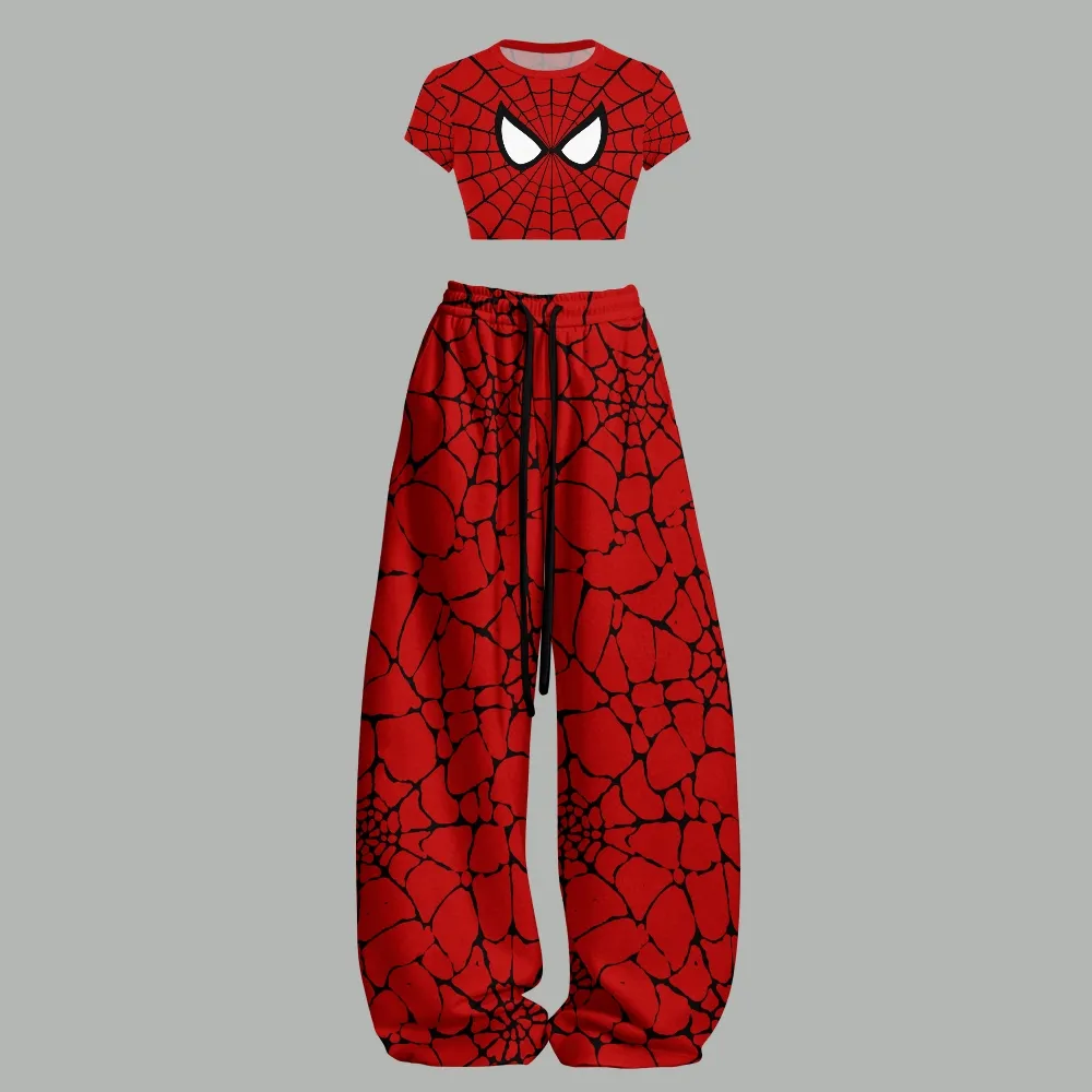 Spider-Man Women Crop Tee and Elasticated Wide Leg Trousers Two-Piece Set, Red Spider Web Mask Print Marvel Superhero Lounge Outfit