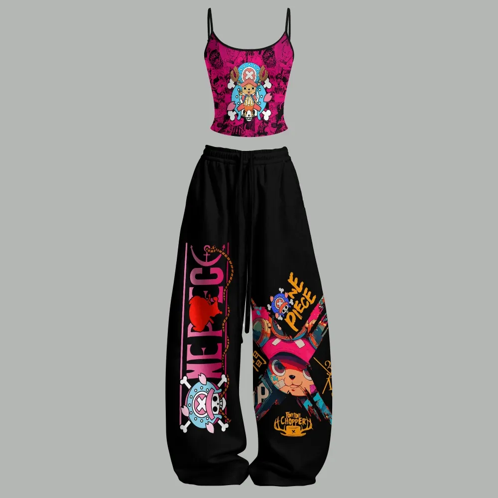 One Piece Tony Tony Chopper Cami Crop Top and Wide Leg Trousers Two-Piece Set, Women's Pink and Black Anime Lounge Outfit, Matching Set