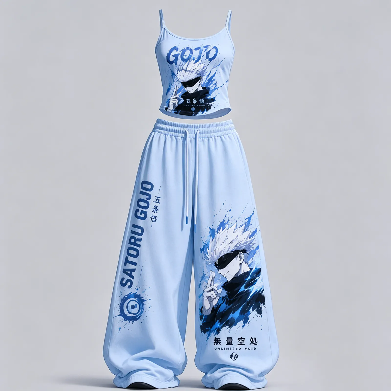 Jujutsu Kaisen Satoru Gojo Cami Crop Top and Wide Leg Trousers Set, Women's Two-Piece Lounge Outfit, Unlimited Void Light Blue Anime Set