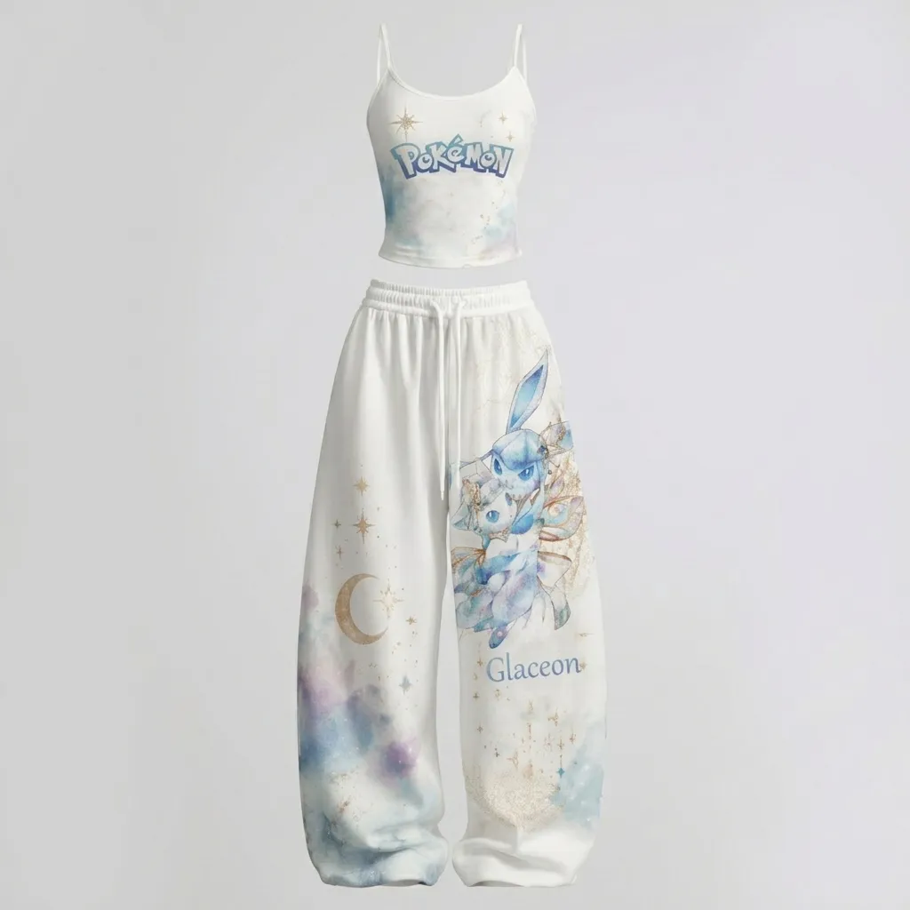 Pokémon Glaceon Crescent Moon Cami Crop Top and Wide Leg Trousers Two-Piece Set, White Icy Blue Watercolor Lounge Outfit, Women's Co-ord