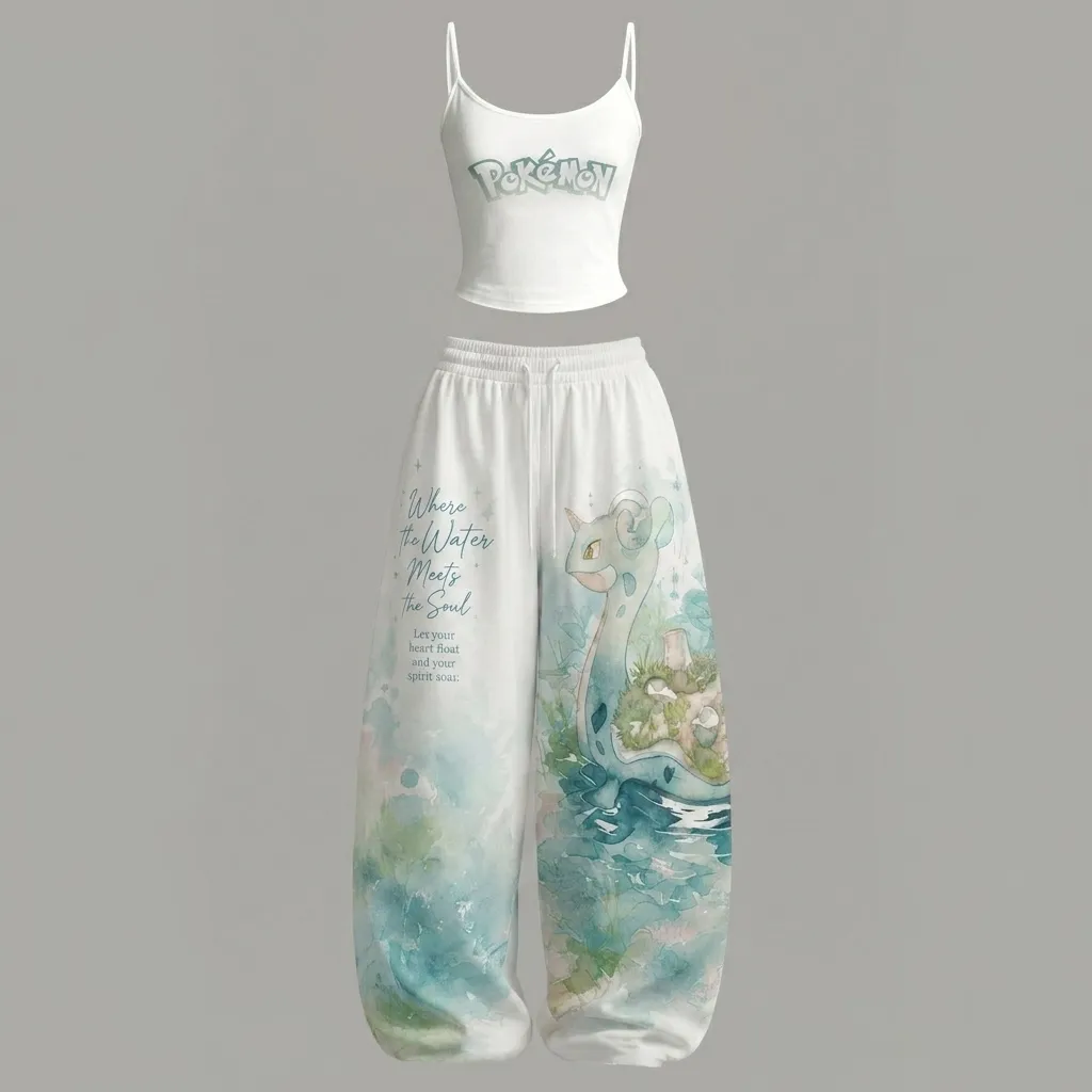 Pokémon Lapras Watercolor Cami Crop Top and Wide Leg Trousers Two-Piece Set, White Teal Ocean Lounge Outfit, Women's Anime Matching Co-ord
