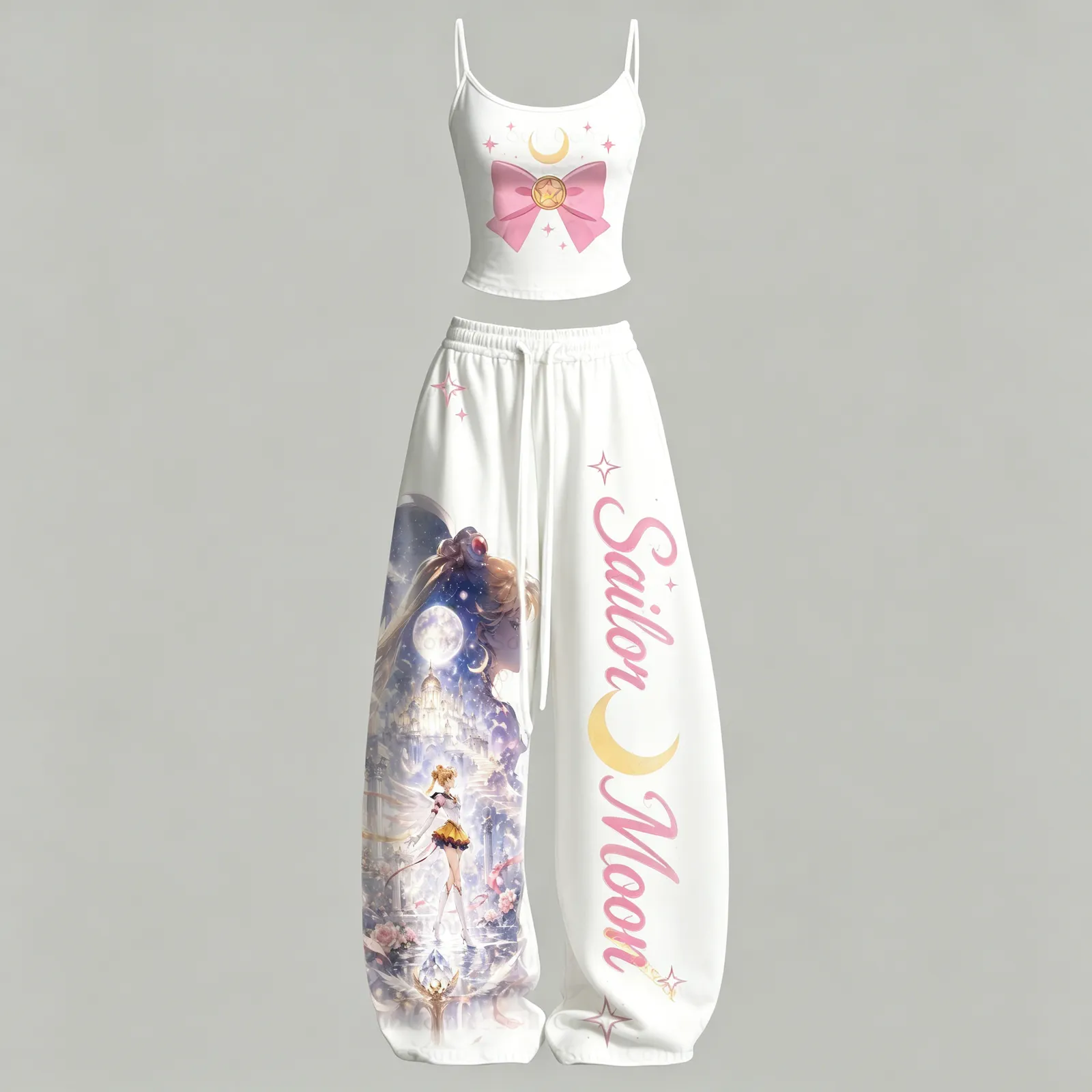 Sailor Moon Eternal Usagi Cami Crop Top and Wide Leg Trousers Two-Piece Set, Women's White Pink Crystal Palace Lounge Outfit, Magical Girl Gift