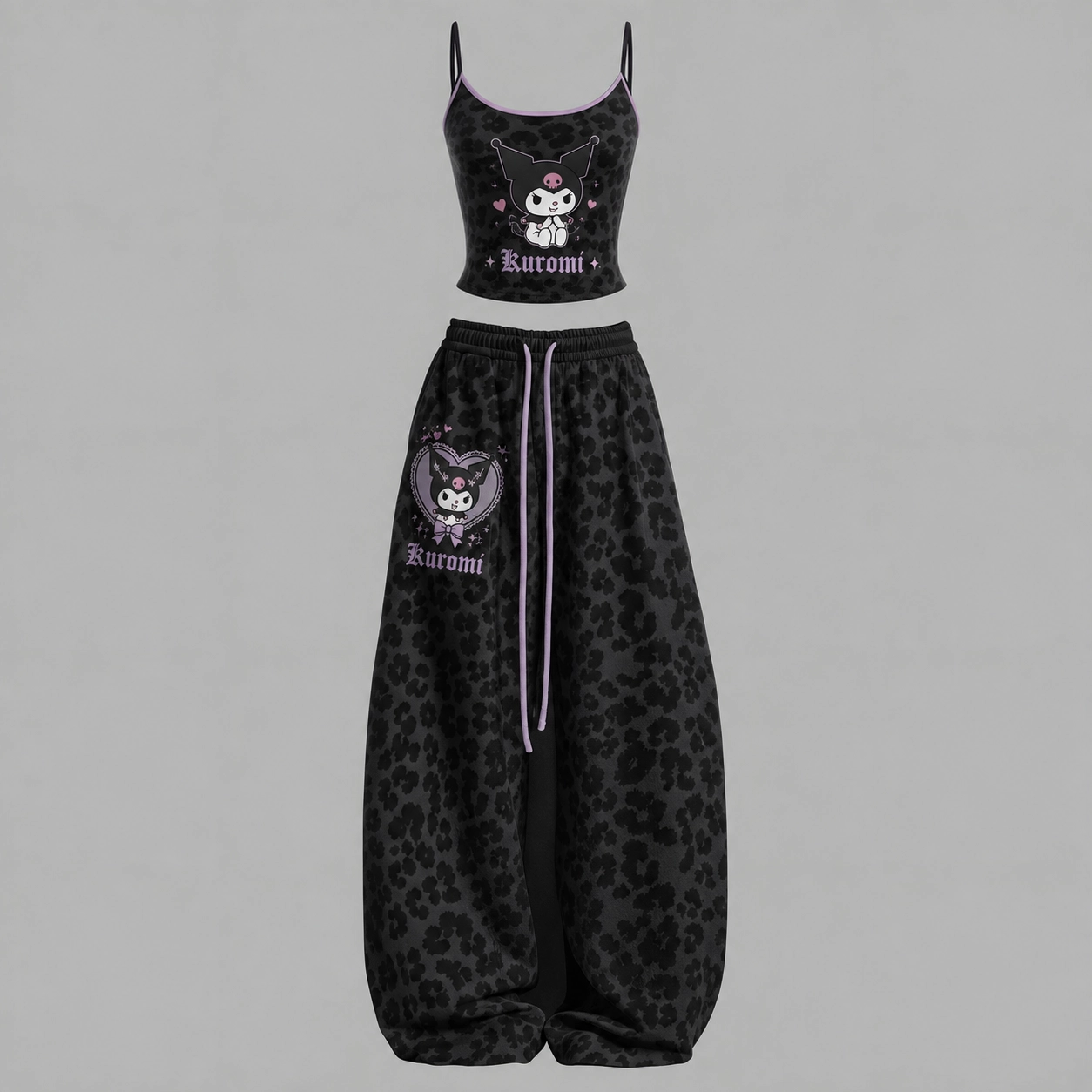 Kuromi Cami Crop Top and Wide Leg Trousers Two-Piece Set, Women's Black Leopard Print Sanrio Lounge Outfit with Lavender Trim, Kawaii Gift