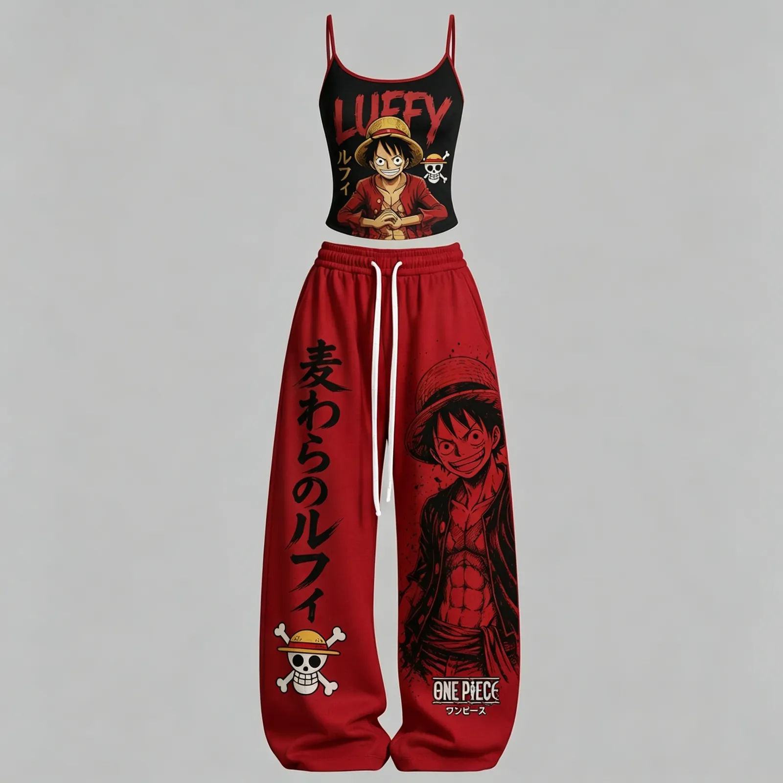One Piece Monkey D. Luffy Cami Crop Top and Wide Leg Trousers Two-Piece Set, Women's Red and Black Straw Hat Anime Lounge Outfit, Matching Set