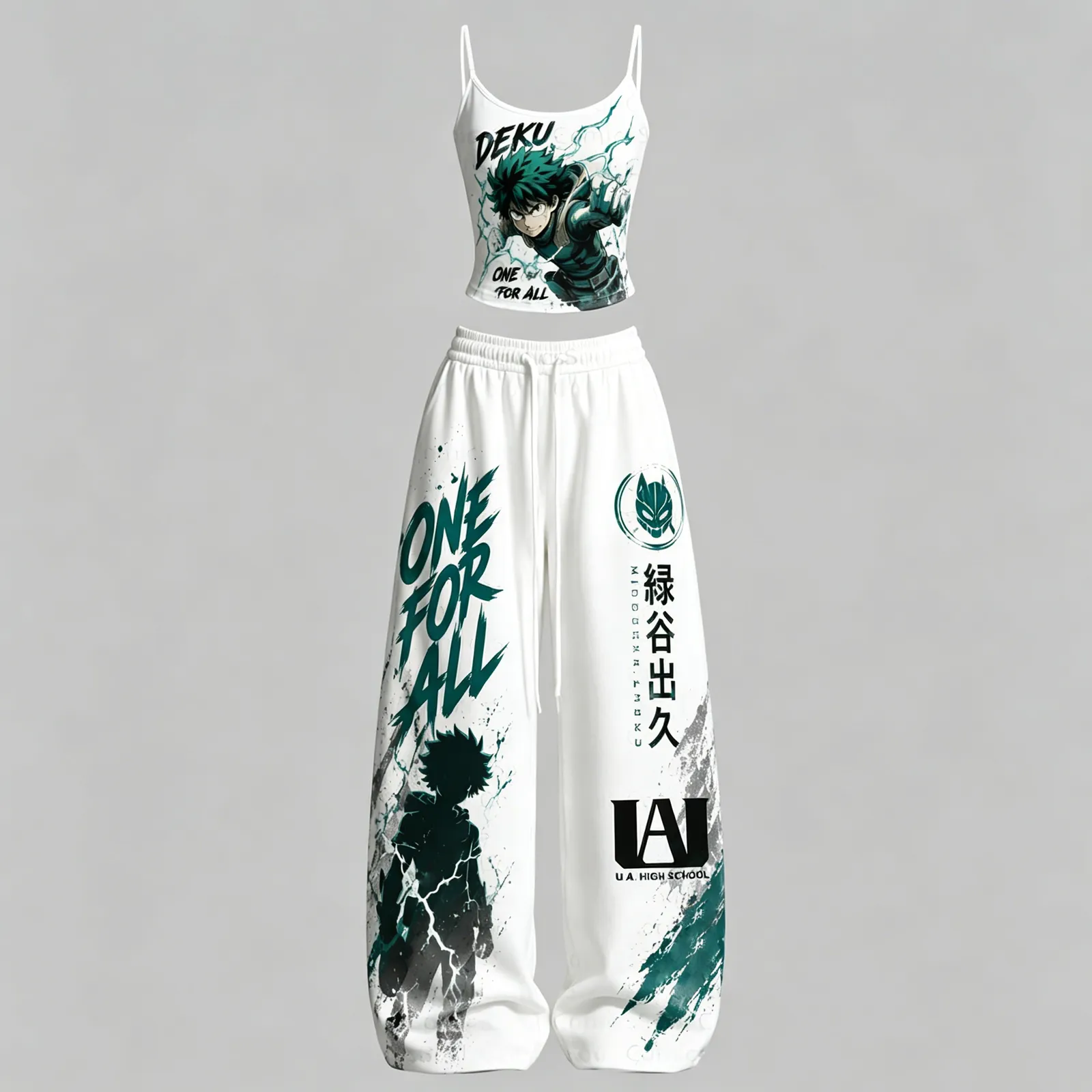 My Hero Academia Deku One For All Cami Crop Top and Wide Leg Trousers Two-Piece Set, Women's White and Green Anime Lounge Outfit, Midoriya Set