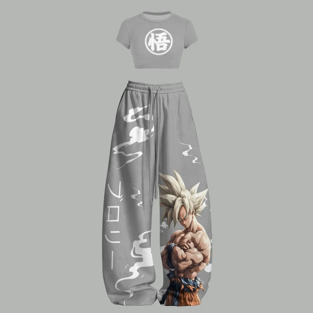 Dragon Ball Women T-Shirt Crop Tee and Wide Leg Trousers Two-Piece Set, Grey Glowing Go Kanji and Super Saiyan Goku Print, Anime Outfit