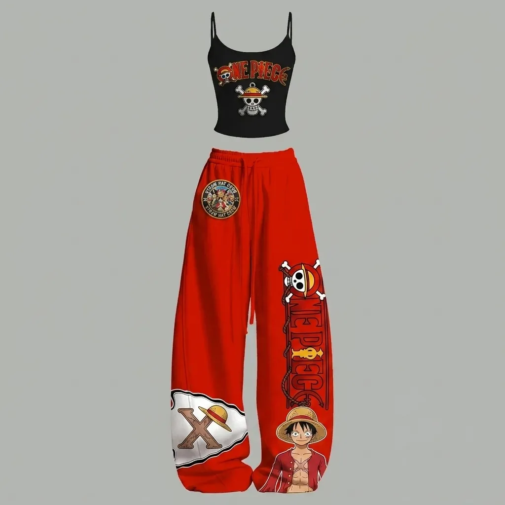One Piece Straw Hat Luffy Cami Crop Top and Red Wide Leg Trousers Set, Women's Two-Piece Lounge Outfit, Jolly Roger Skull Anime Matching Set