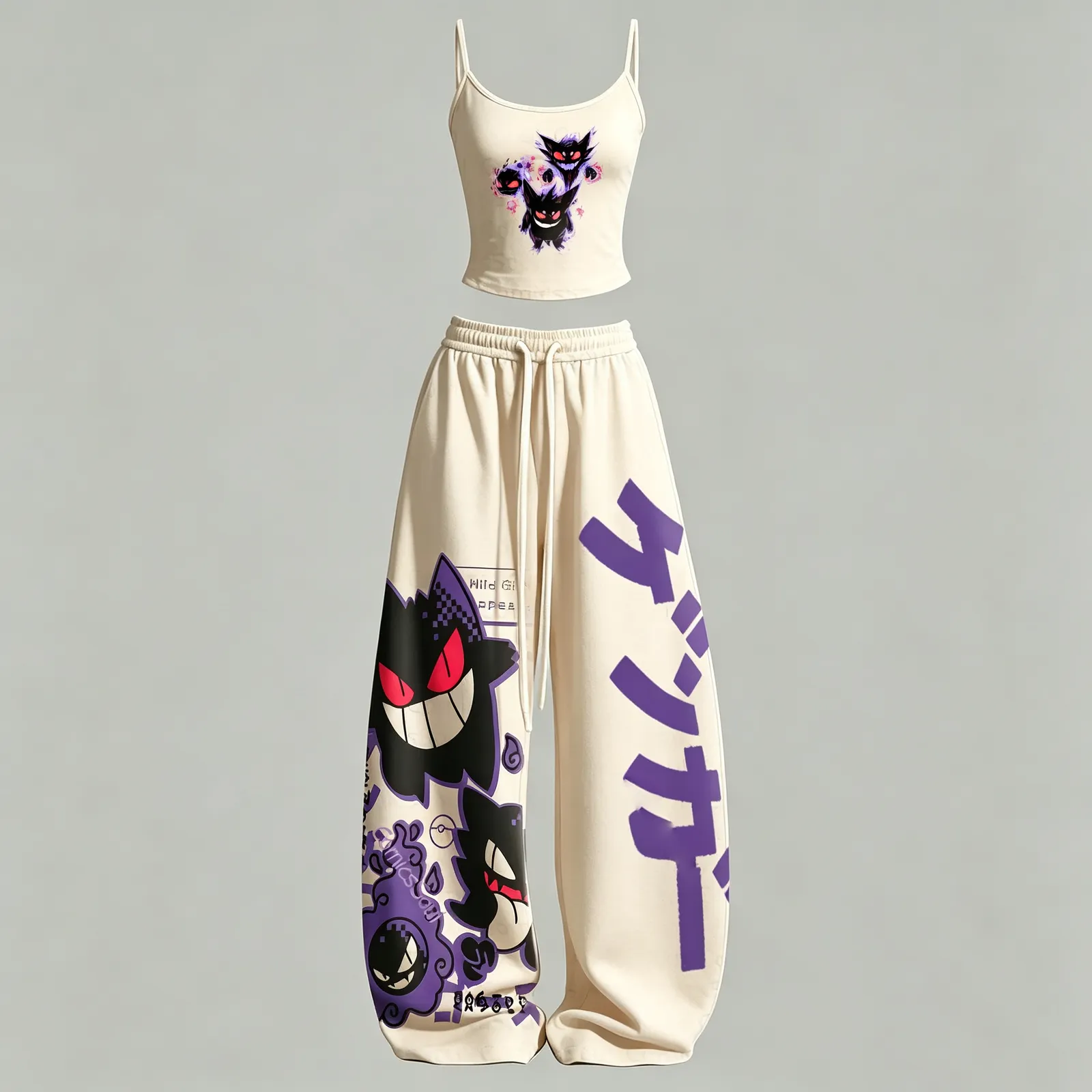 Pokémon Gengar Gastly Haunter Cami Crop Top and Wide Leg Trousers Two-Piece Set, Women's Ghost Type Retro Game Matching Lounge Outfit