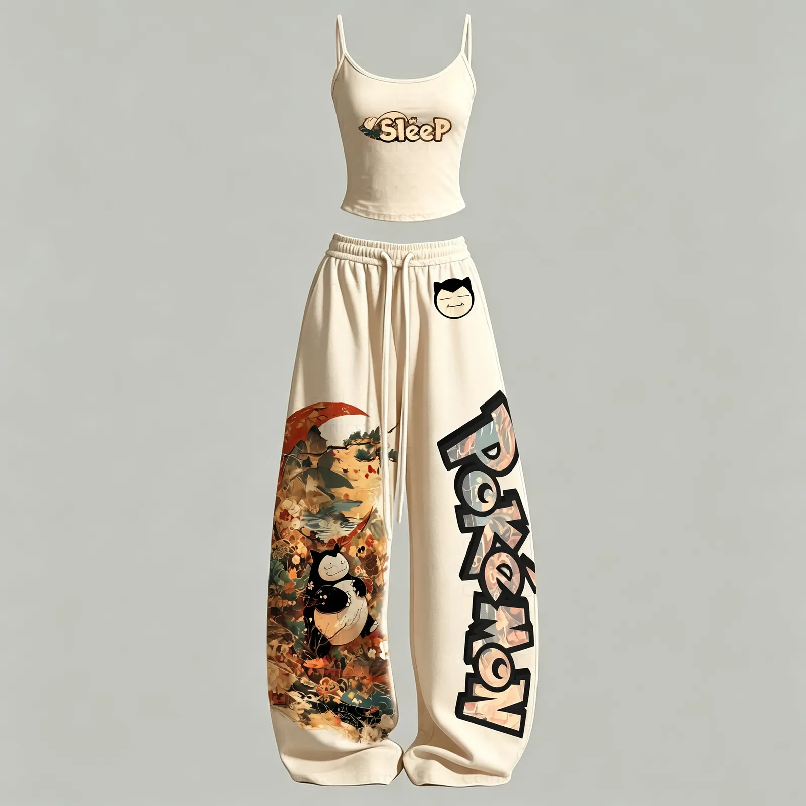 Pokémon Snorlax Sleep Cami Crop Top and Wide Leg Trousers Two-Piece Set, Women's Cream Anime Lounge Outfit, Japanese Art Style Cozy Matching Set