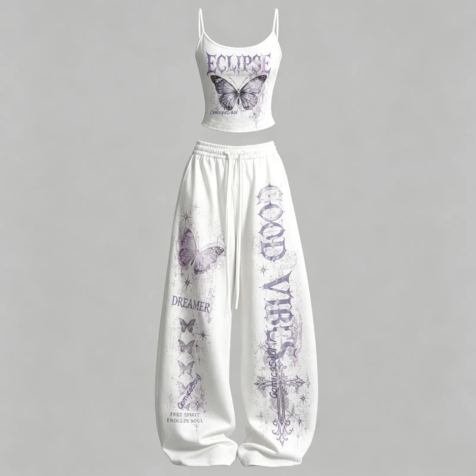 Eclipse Butterfly Good Vibes Cami Top and Elasticated Trousers Two-Piece Set, Women's White and Lavender Dreamer Lounge Outfit