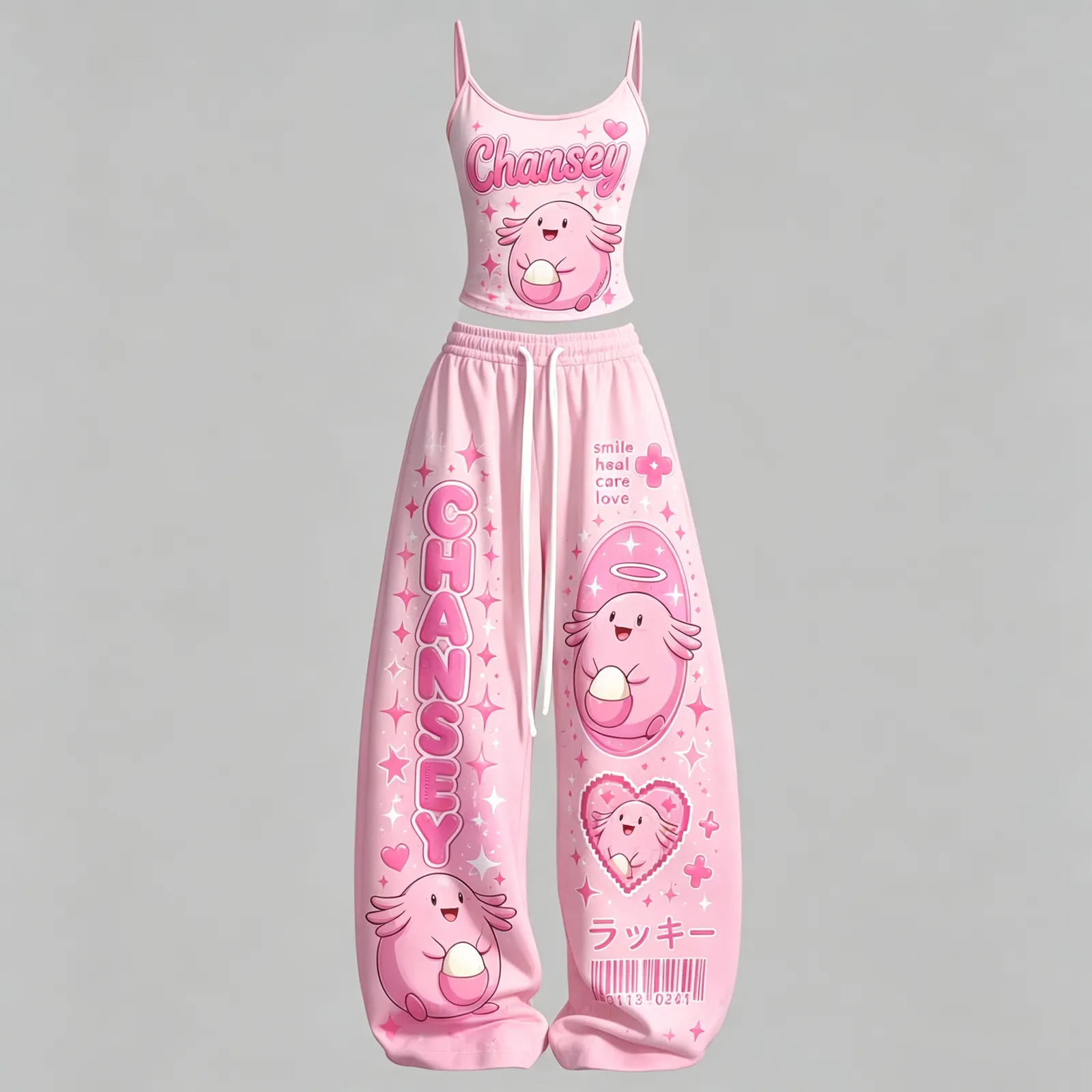 Pokemon Chansey Smile Heal Care Love Cami Top and Elasticated Trousers Two-Piece Set, Women's Pink Kawaii Anime Lounge Outfit, Pokémon Set