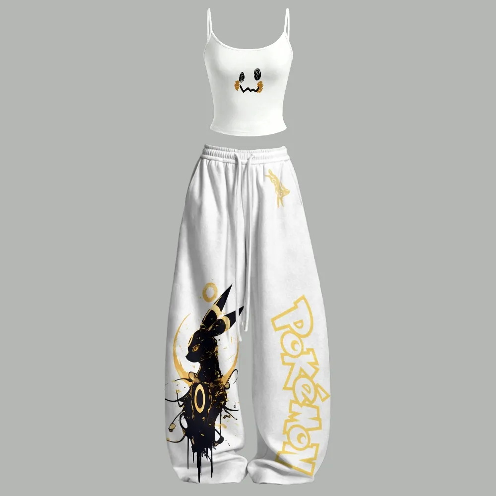 Pokémon Mimikyu and Umbreon Cami Crop Top and Wide Leg Trousers Two-Piece Set, Women's White and Gold Lounge Outfit, Anime Matching Set