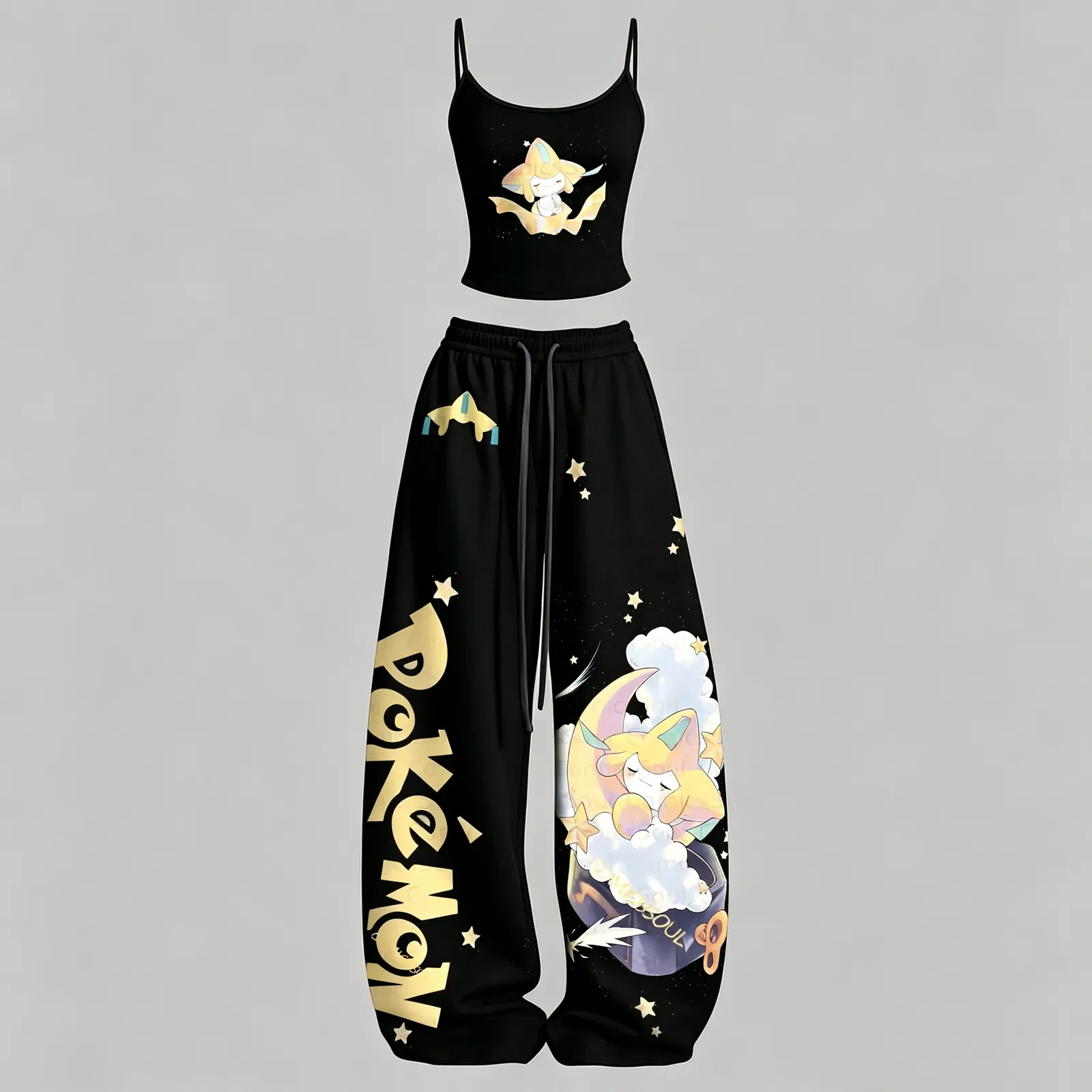 Pokémon Jirachi Wish Star Cami Crop Top and Wide Leg Trousers Set, Women's Two-Piece Lounge Outfit, Sleeping on the Moon Starry Night Set