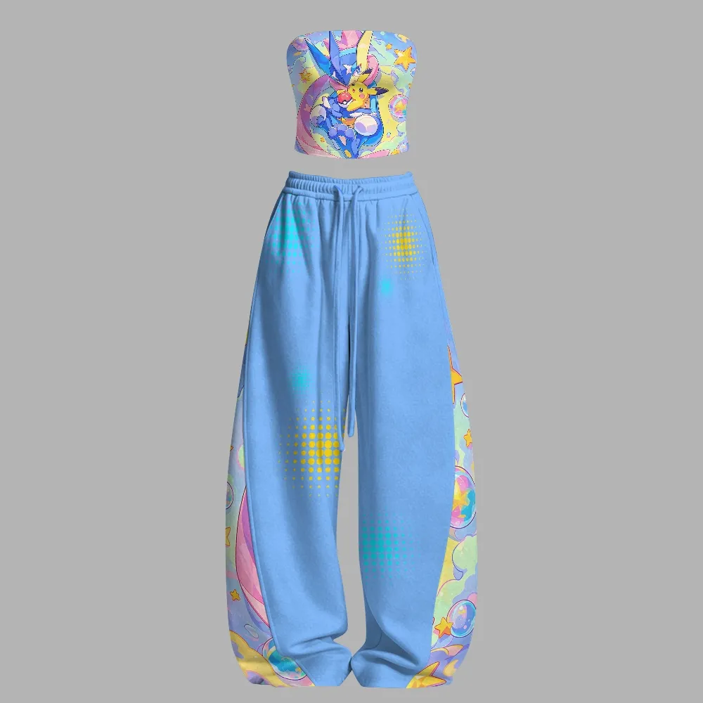 Pokémon Greninja and Pikachu Strapless Tube Top and Elasticated Wide Leg Trousers Two-Piece Set, Women's Light Blue Pastel Casual Outfit
