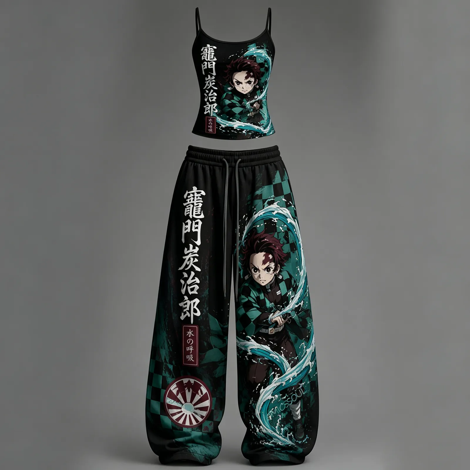 Demon Slayer Tanjiro Kamado Water Breathing Cami Crop Top and Wide Leg Trousers Two-Piece Set, Black Green Checkered Anime Lounge Outfit