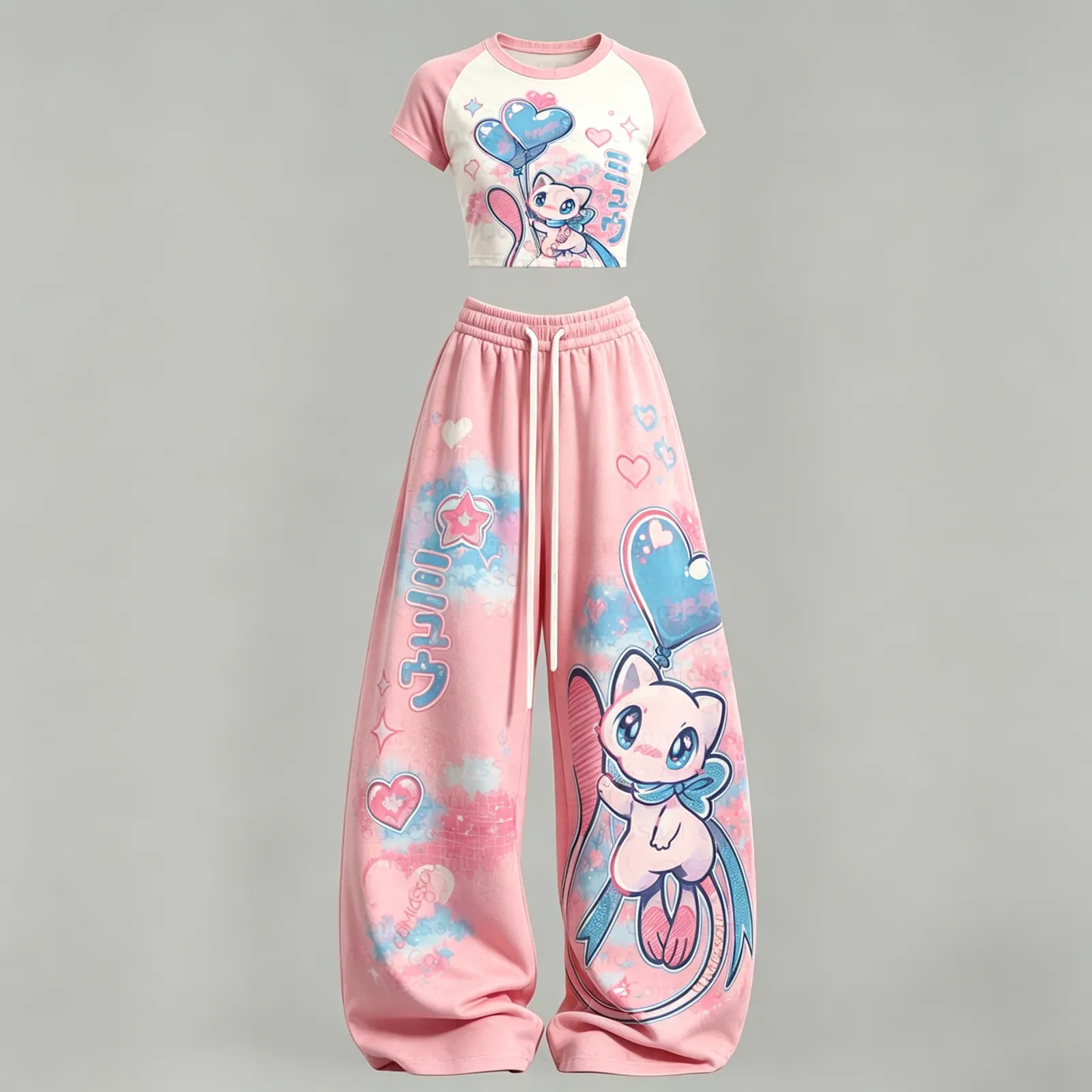 Pokémon Mew Heart Balloon Crop Tee and Wide Leg Trousers Two-Piece Set, Pink Pastel Kawaii Lounge Outfit, Women's Anime Matching Co-ord