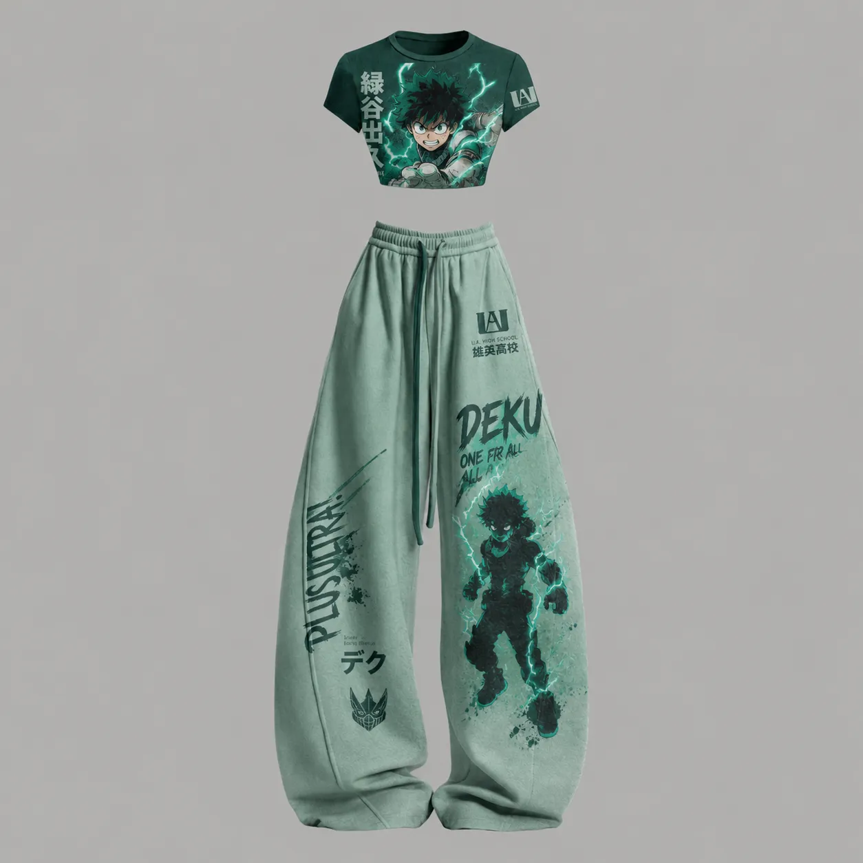 My Hero Academia Deku Crop Tee and Wide Leg Trousers Two-Piece Set, Women's Green Plus Ultra One For All Anime Lounge Outfit, U.A. Matching Set