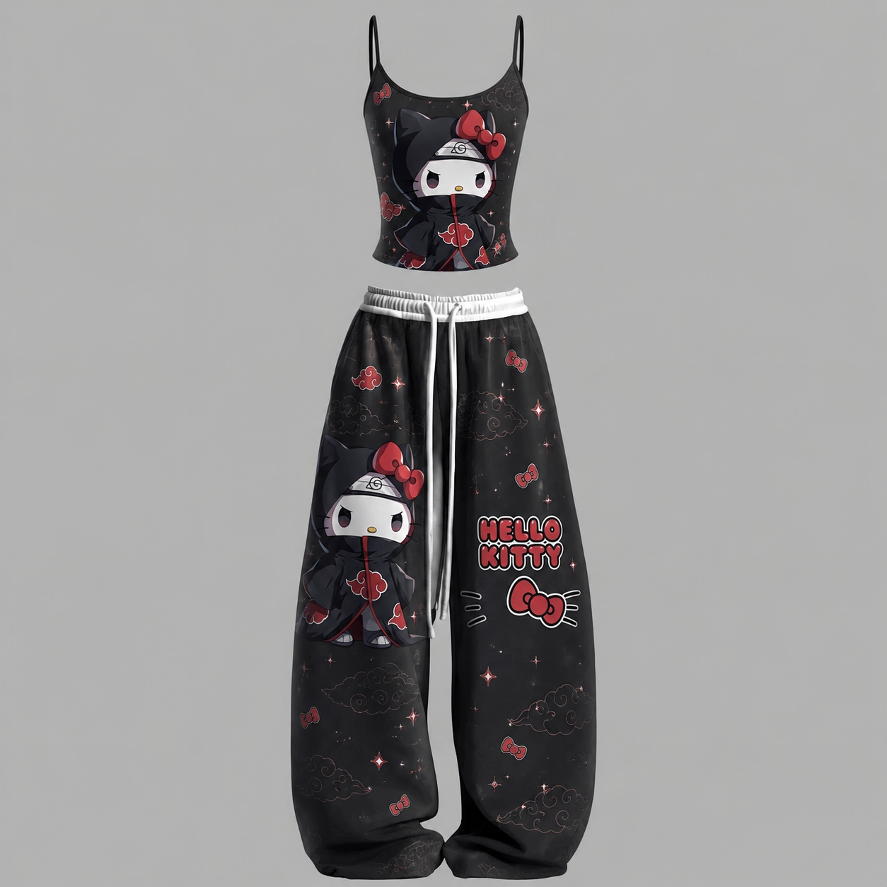 Hello Kitty Akatsuki Naruto Cami Crop Top and Wide Leg Trousers Two-Piece Set, Women's Black Red Cloud Crossover Lounge Outfit, Kawaii Anime Gift