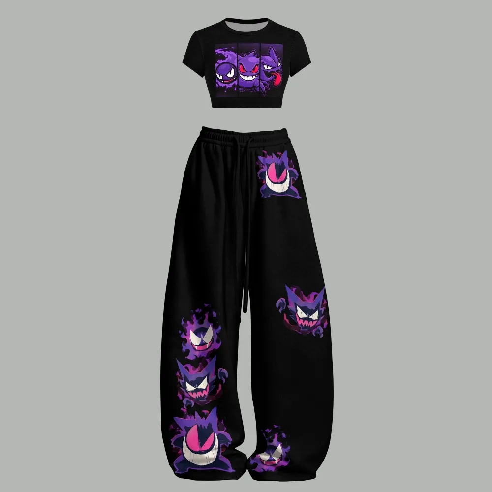 Pokémon Women Gengar Haunter Gastly Crop Tee and Wide Leg Trousers Set, Two-Piece Lounge Outfit, Ghost Type Evolution Purple Black Set
