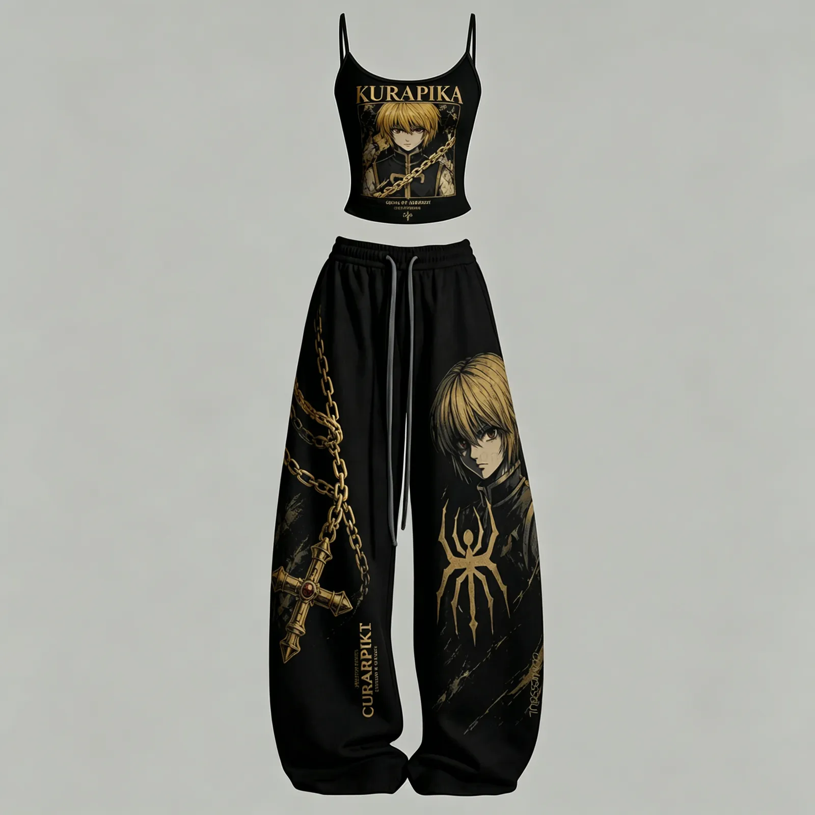 Hunter x Hunter Kurapika Black Gold Cami Crop Top and Wide Leg Trousers Two-Piece Set, Women's Phantom Troupe Spider Chain Anime Outfit