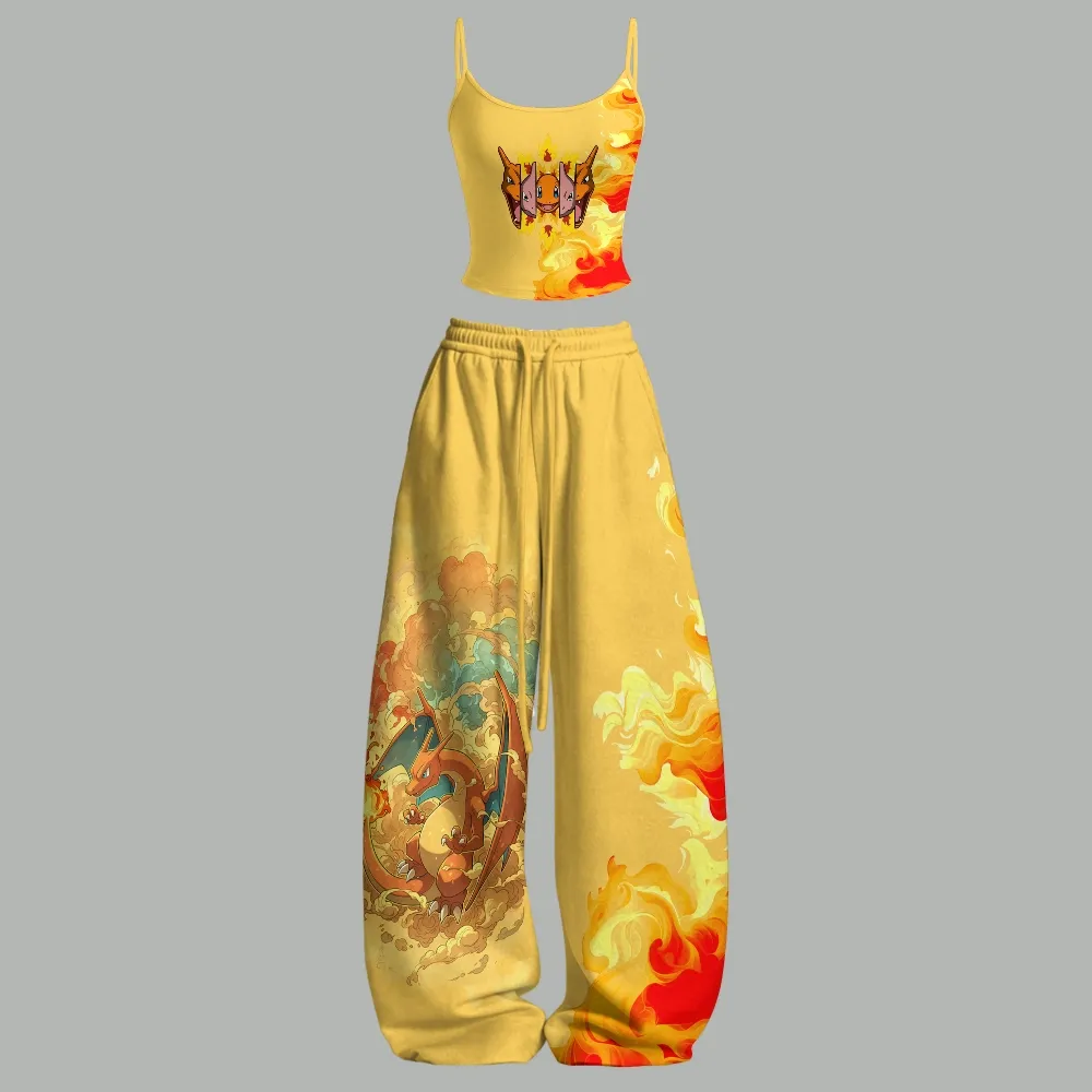 Pokémon Charmander Charmeleon Charizard Cami Crop Top and Wide Leg Trousers Two-Piece Set, Women's Yellow Flame Lounge Outfit, Evolution Gift