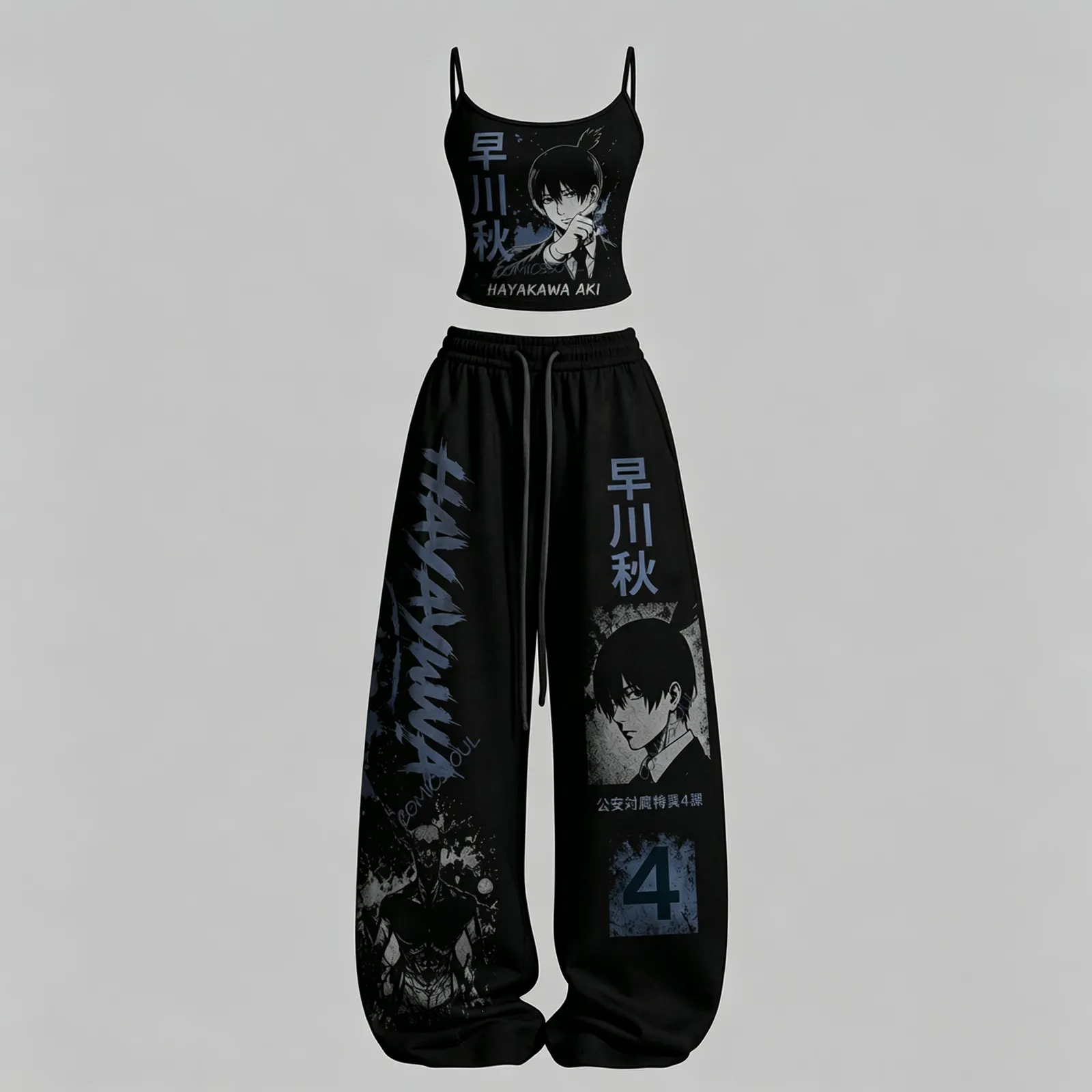 Chainsaw Man Aki Hayakawa Cami Crop Top and Wide Leg Trousers Two-Piece Set, Black and Slate Blue Public Safety Print, Women's Anime Outfit