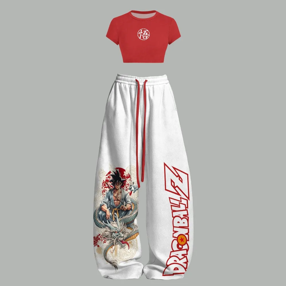 Dragon Ball Z Goku Women Crop Tee and Wide Leg Trousers Two-Piece Set, Red and White Shenron Dragon Lounge Outfit, Anime Fan Matching Set