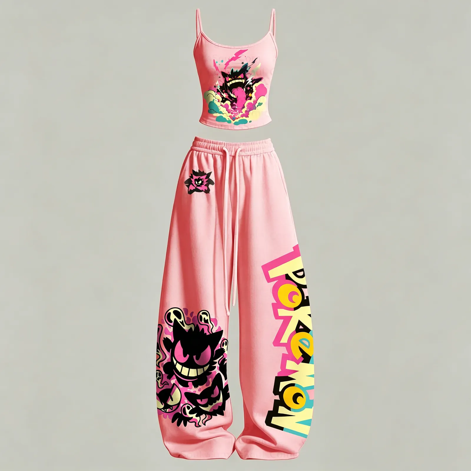 Pokémon Gengar Cami Crop Top and Wide Leg Trousers Two-Piece Set, Women's Pink Ghost Type Lounge Outfit, Haunter Gastly Pop Art Matching Set