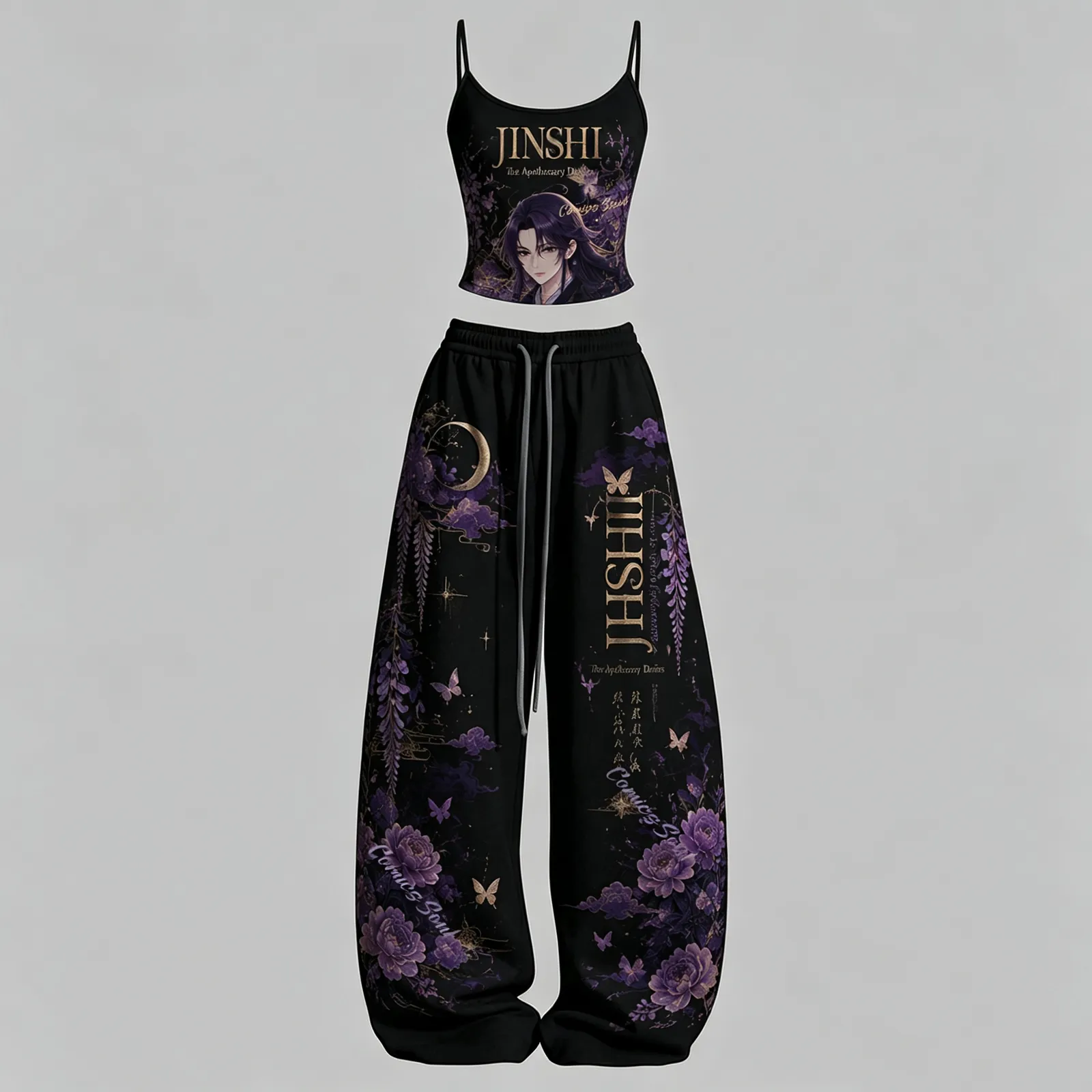 The Apothecary Diaries Jinshi Cami Crop Top and Wide Leg Trousers Two-Piece Set, Women's Black and Purple Wisteria Anime Lounge Outfit