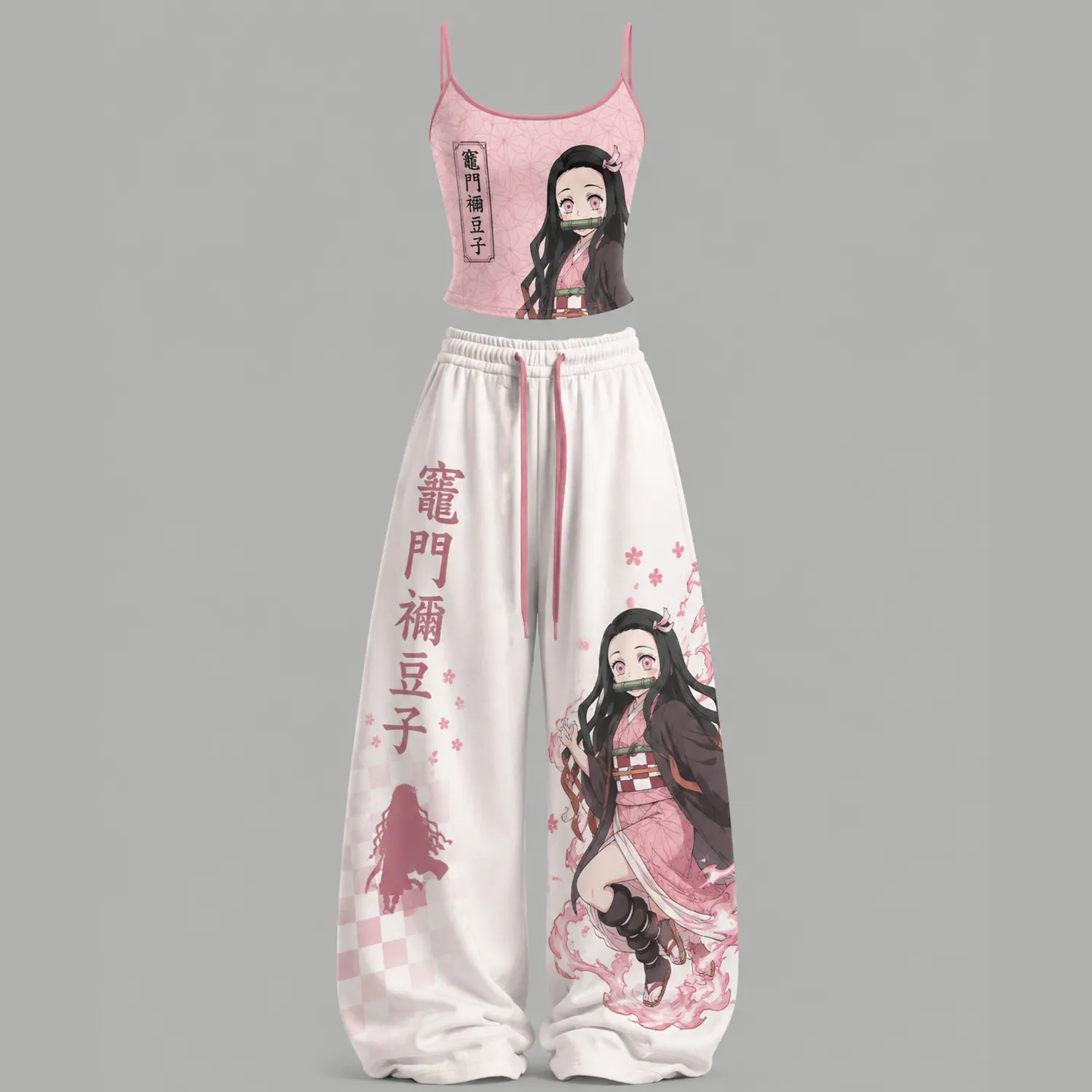 Demon Slayer Nezuko Kamado Cami Crop Top and Wide Leg Trousers Two-Piece Set, Women's Anime Matching Lounge Outfit, Kimetsu no Yaiba