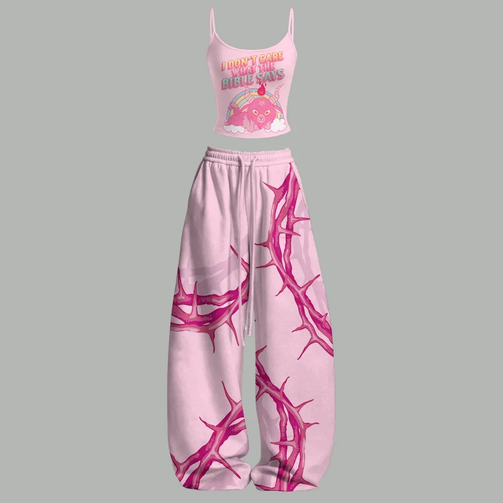 Baphomet Goat I Don't Care What The Bible Says Cami Crop Top and Wide Leg Trousers Two-Piece Set, Women's Pastel Pink Goth Lounge Outfit