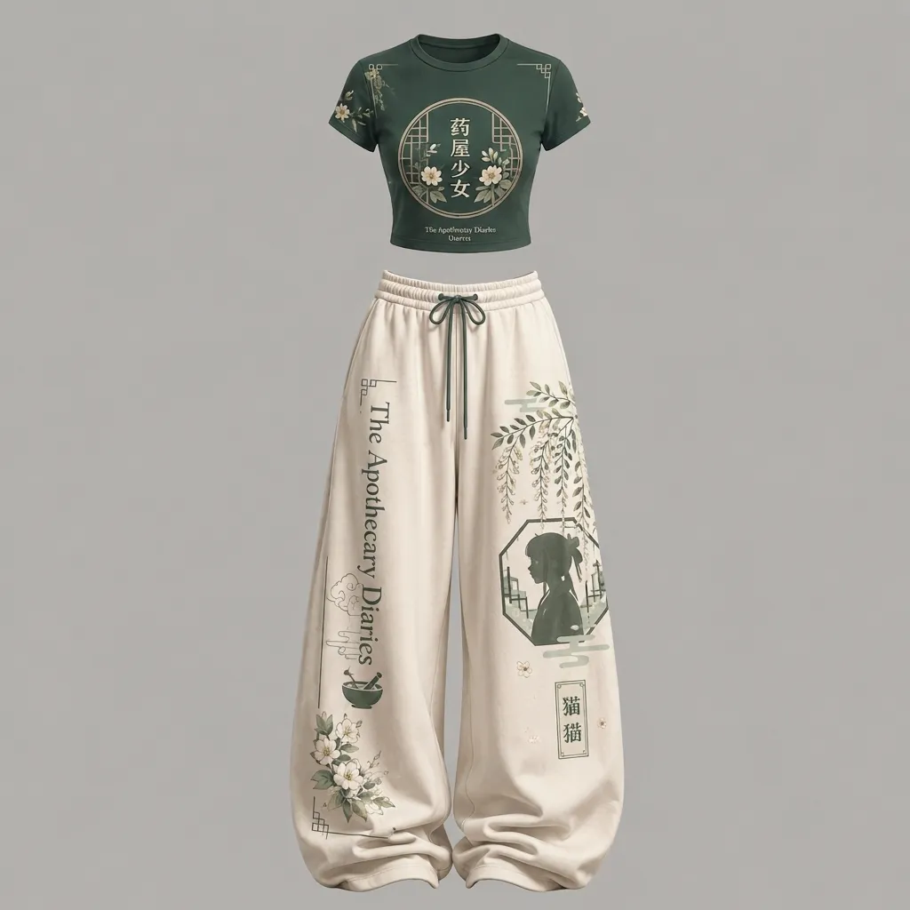 The Apothecary Diaries Maomao Crop Tee and Wide Leg Trousers Two-Piece Set, Women's Green Floral Anime Lounge Outfit, Matching Set